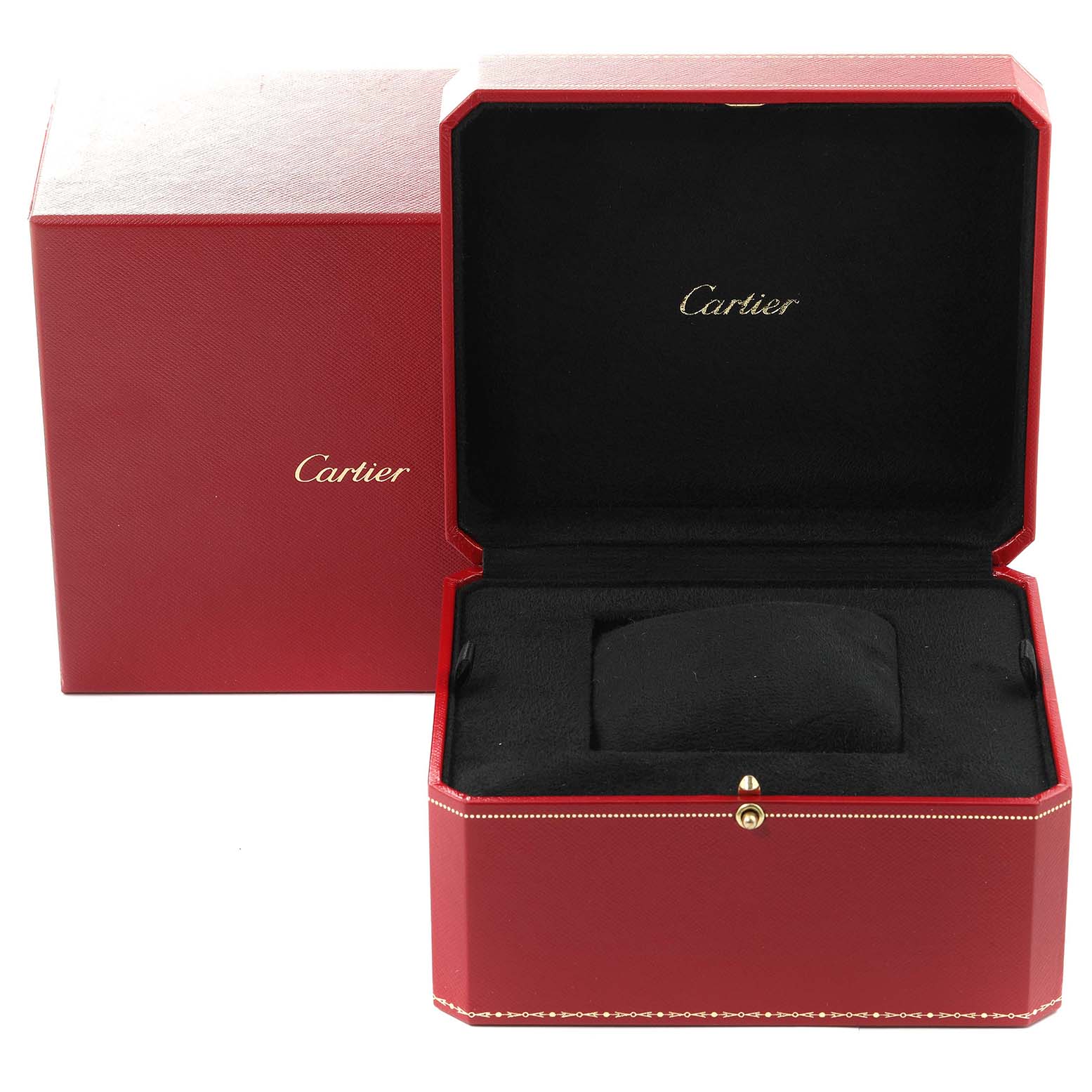 The image shows an open Cartier Santos W20056D6 Women's Stainless Steel Silver Dial W20056D6 Women's Stainless Steel Silver Dial watch box with the outer red case visible.