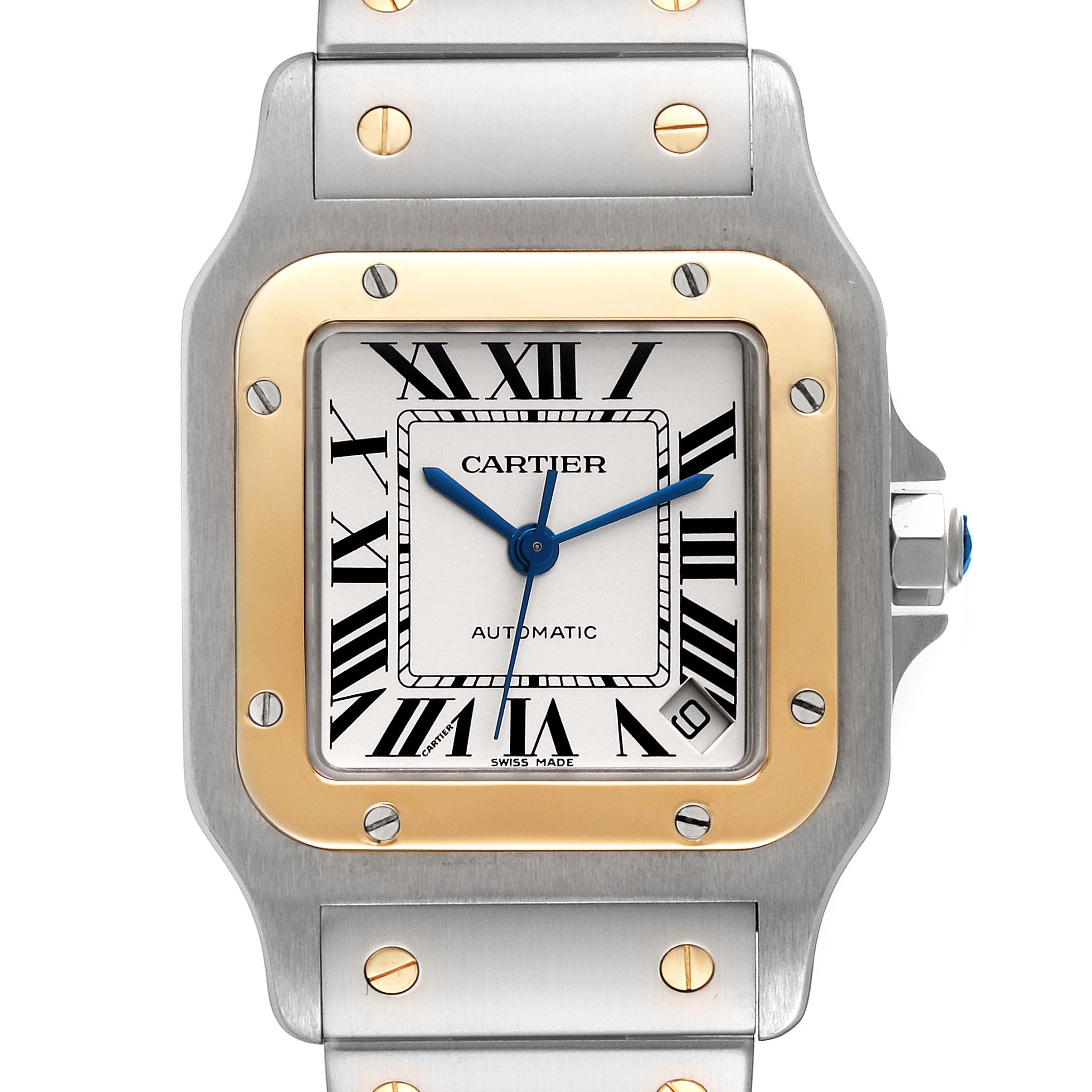 The image shows a close-up of a Cartier Santos W20099C4 Men's Steel and Gold (two tone) Silver Dial W20099C4 Men's Steel and Gold (two tone) Silver Dial model watch face and part of the bracelet.