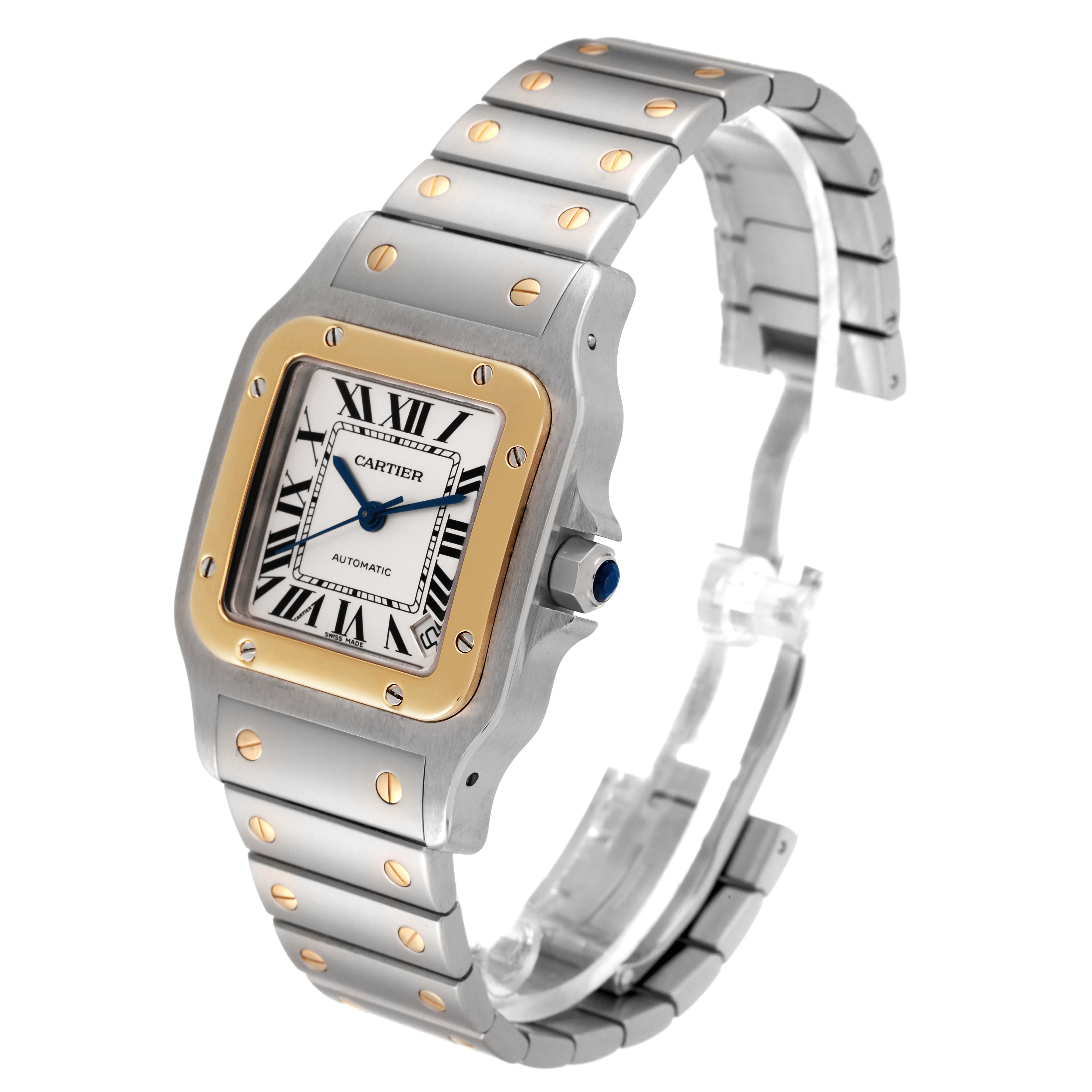 This image shows the Cartier Santos W20099C4 Men's Steel and Gold (two tone) Silver Dial W20099C4 Men's Steel and Gold (two tone) Silver Dial watch at a front three-quarter angle, highlighting the dial, bezel, and metal bracelet.