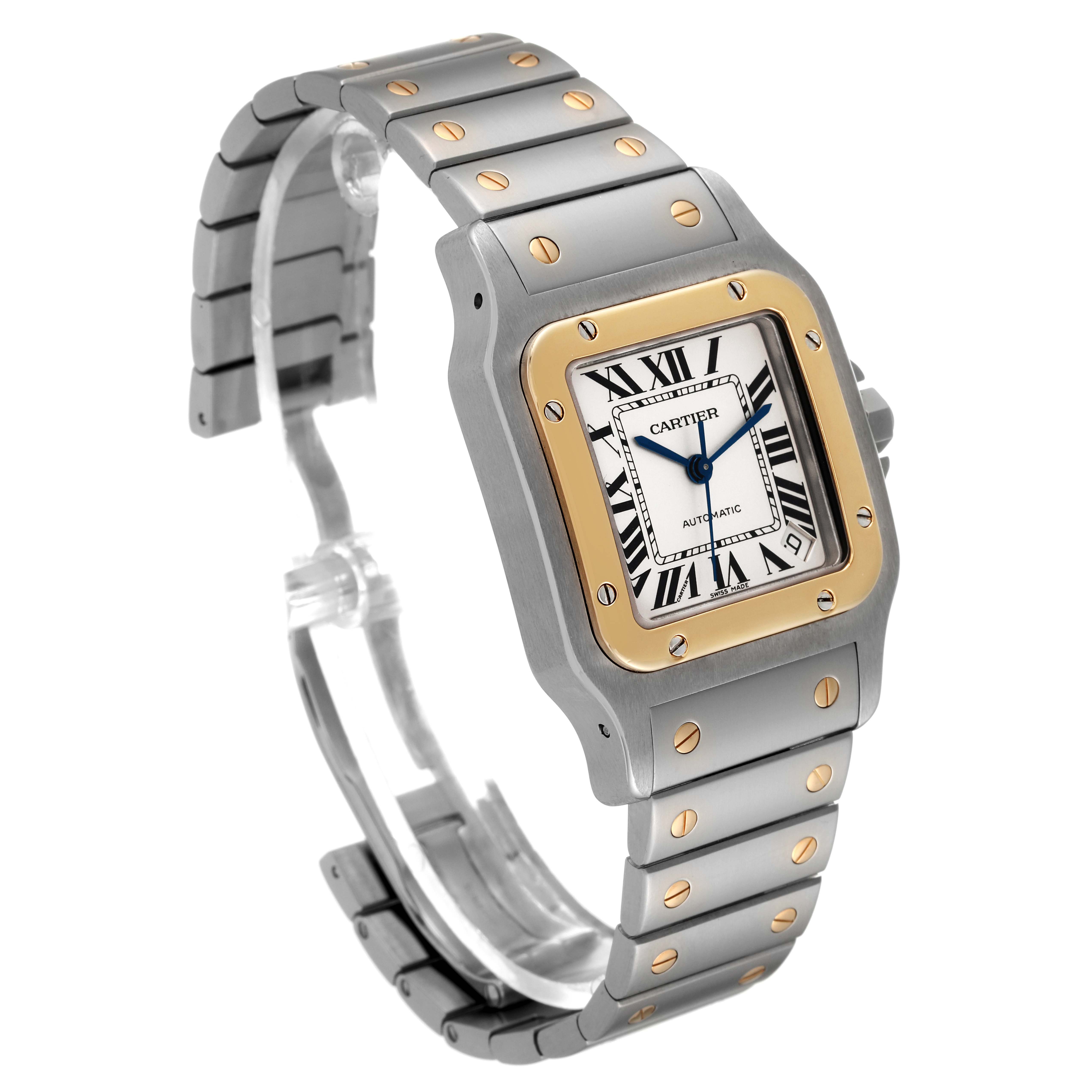 The Cartier Santos W20099C4 Men's Steel and Gold (two tone) Silver Dial W20099C4 Men's Steel and Gold (two tone) Silver Dial watch is shown at a three-quarter angle, displaying the dial, bezel, and bracelet.