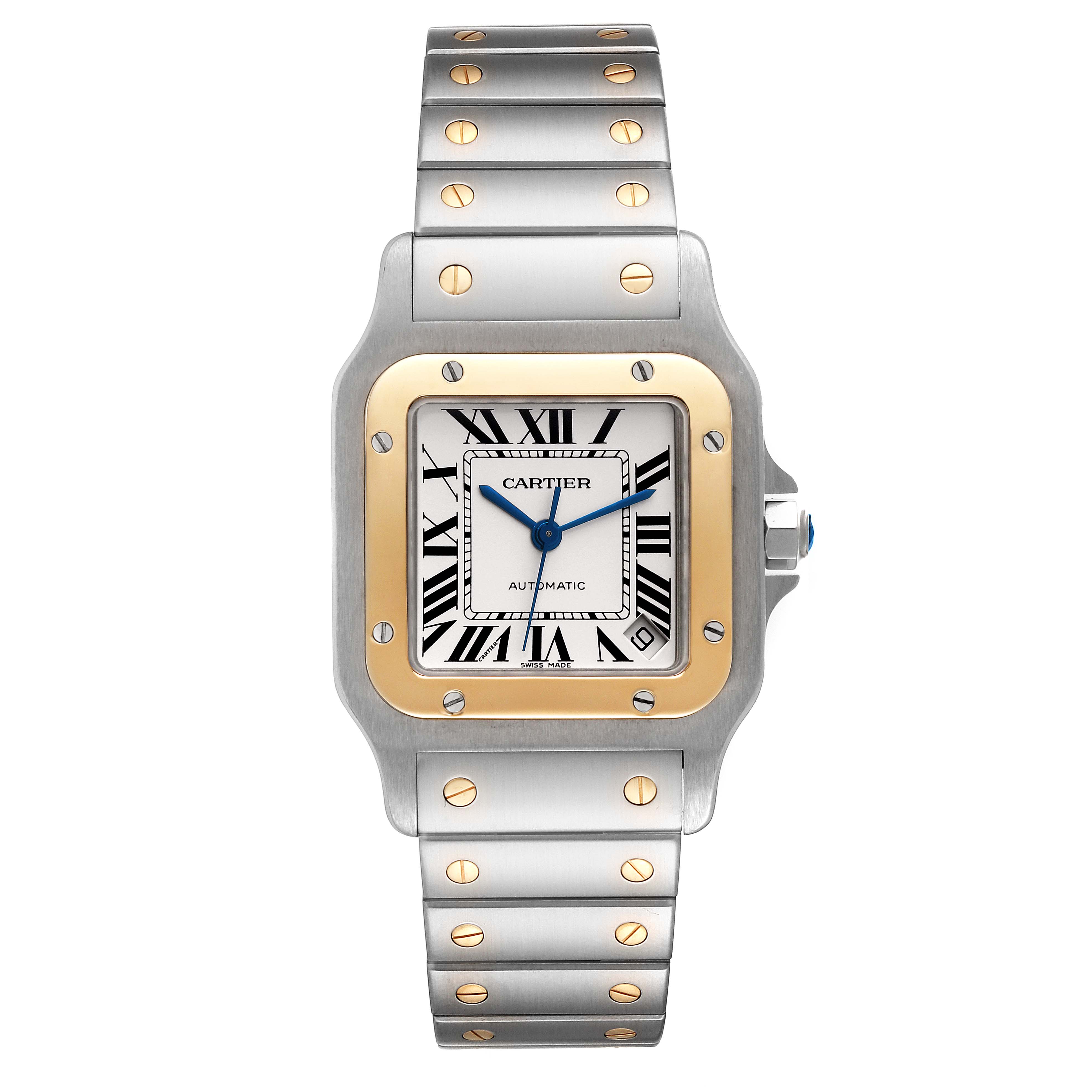 This Cartier Santos W20099C4 Men's Steel and Gold (two tone) Silver Dial W20099C4 Men's Steel and Gold (two tone) Silver Dial watch is shown from a front angle, highlighting its face, bezel, and bracelet.