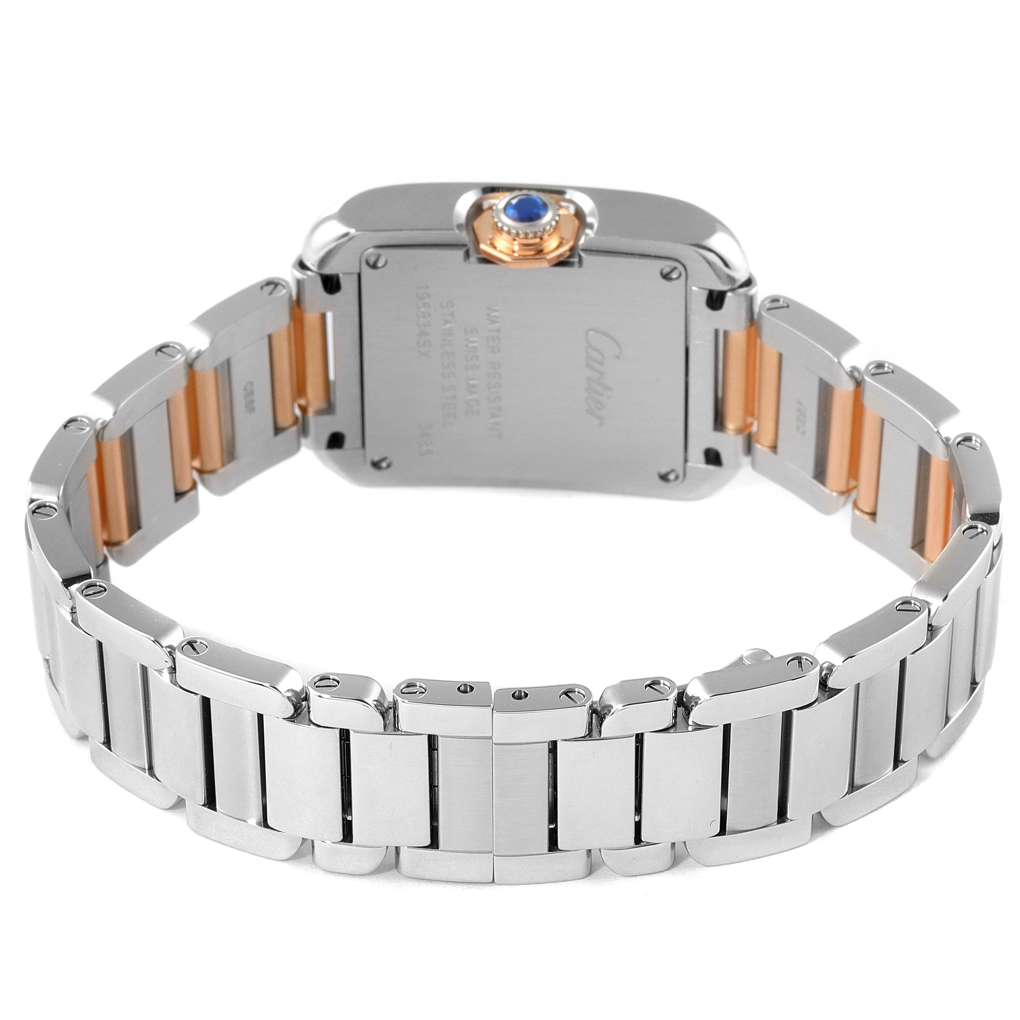 This Cartier Tank Anglaise W5310036 Women's Stainless Steel Silver Dial W5310036 Women's Stainless Steel Silver Dial watch is shown from the back, highlighting the bracelet and clasp.
