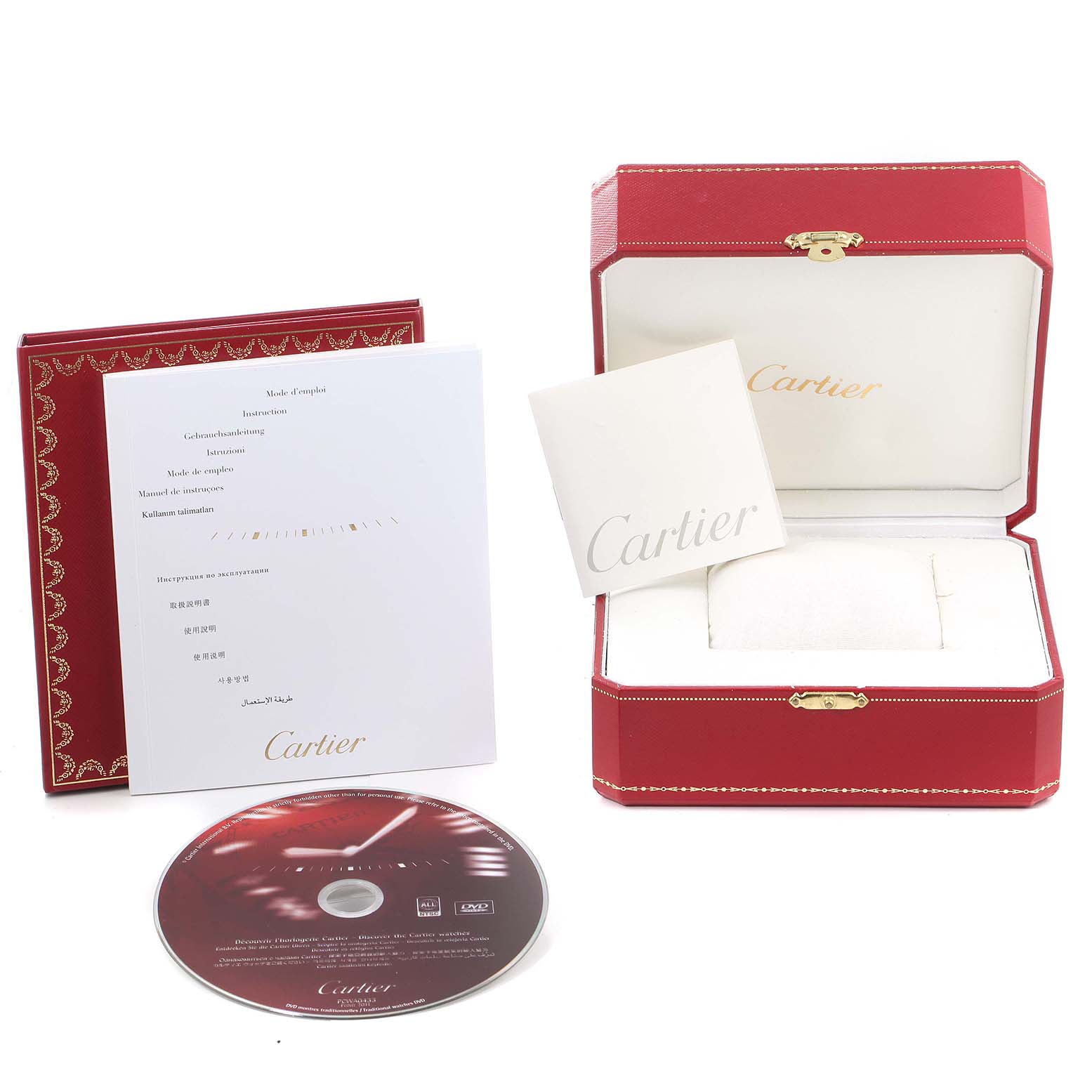 The image shows the Cartier Tank Anglaise W5310036 Women's Stainless Steel Silver Dial W5310036 Women's Stainless Steel Silver Dial watch accessories, including the red box, manuals, and a CD.