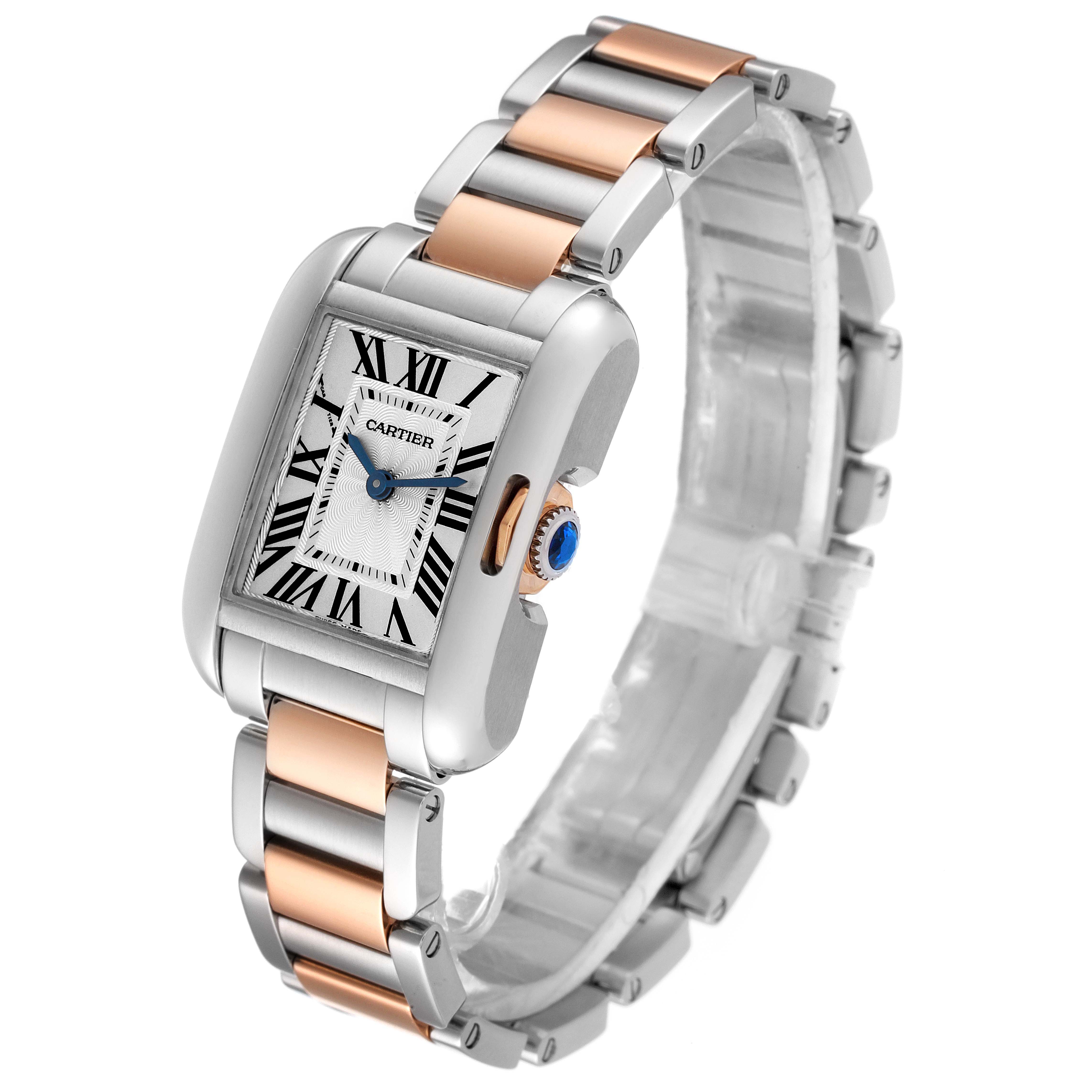 This image shows a Cartier Tank Anglaise W5310036 Women's Stainless Steel Silver Dial W5310036 Women's Stainless Steel Silver Dial watch from an oblique angle, highlighting its face, crown, and bracelet.