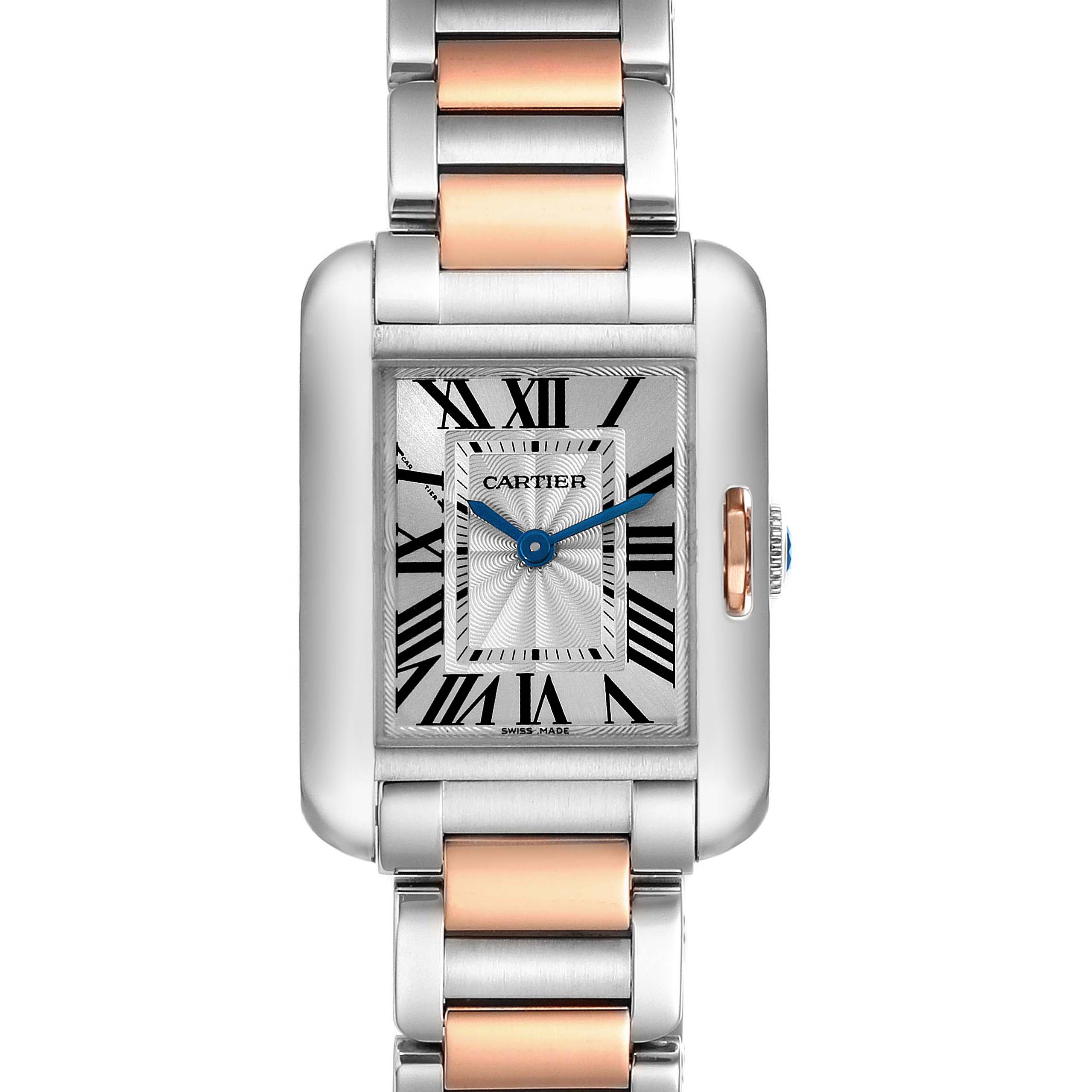 The Cartier Tank Anglaise W5310036 Women's Stainless Steel Silver Dial W5310036 Women's Stainless Steel Silver Dial watch is shown from the front, displaying its face, dial, and two-tone bracelet.