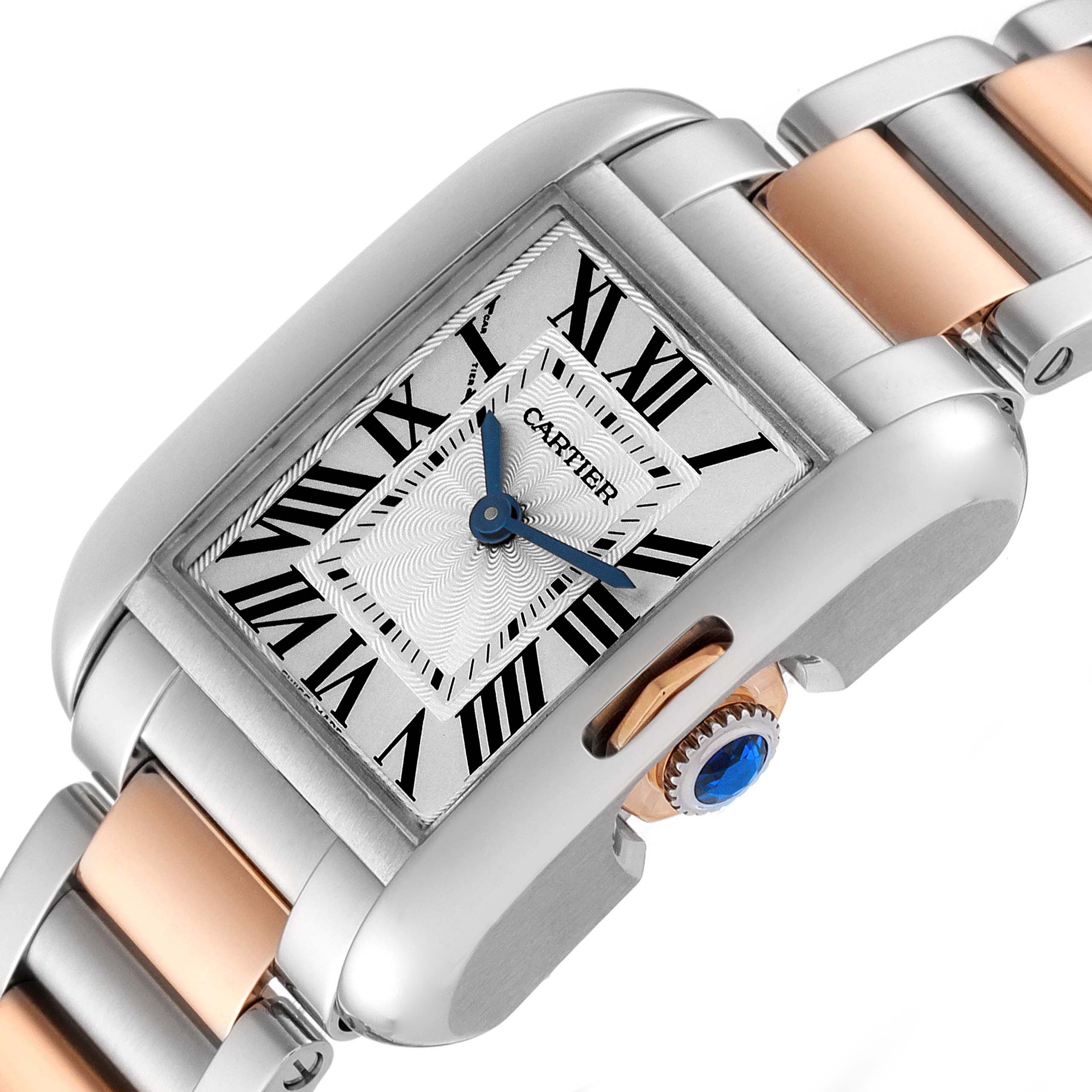 The image shows a close-up angle of the face, crown, and part of the bracelet of a Cartier Tank Anglaise W5310036 Women's Stainless Steel Silver Dial W5310036 Women's Stainless Steel Silver Dial watch.