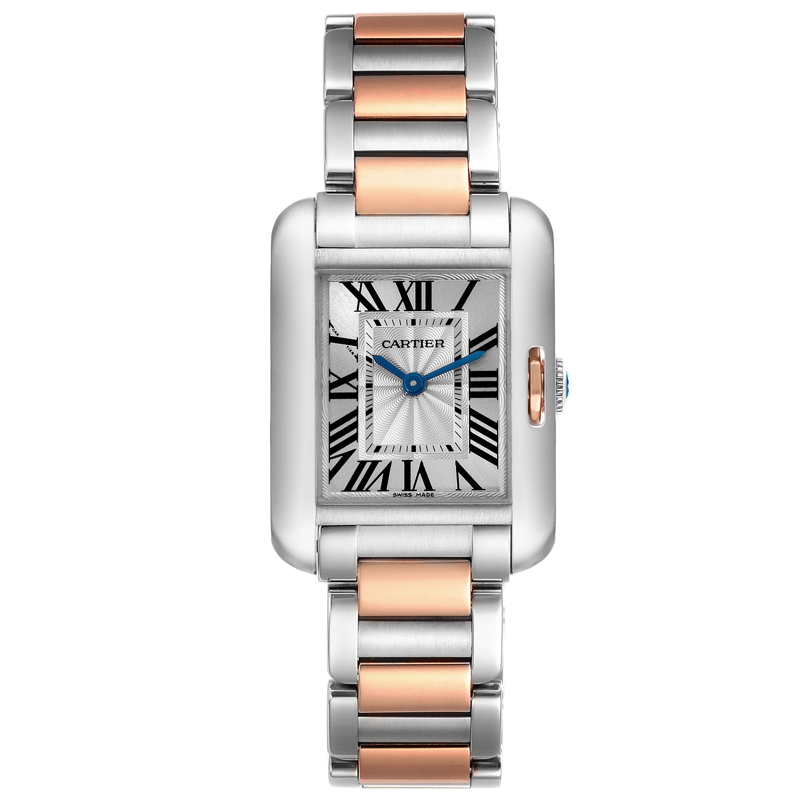 This image shows a front view of the Cartier Tank Anglaise W5310036 Women's Stainless Steel Silver Dial W5310036 Women's Stainless Steel Silver Dial watch, highlighting its rectangular face and two-tone bracelet.