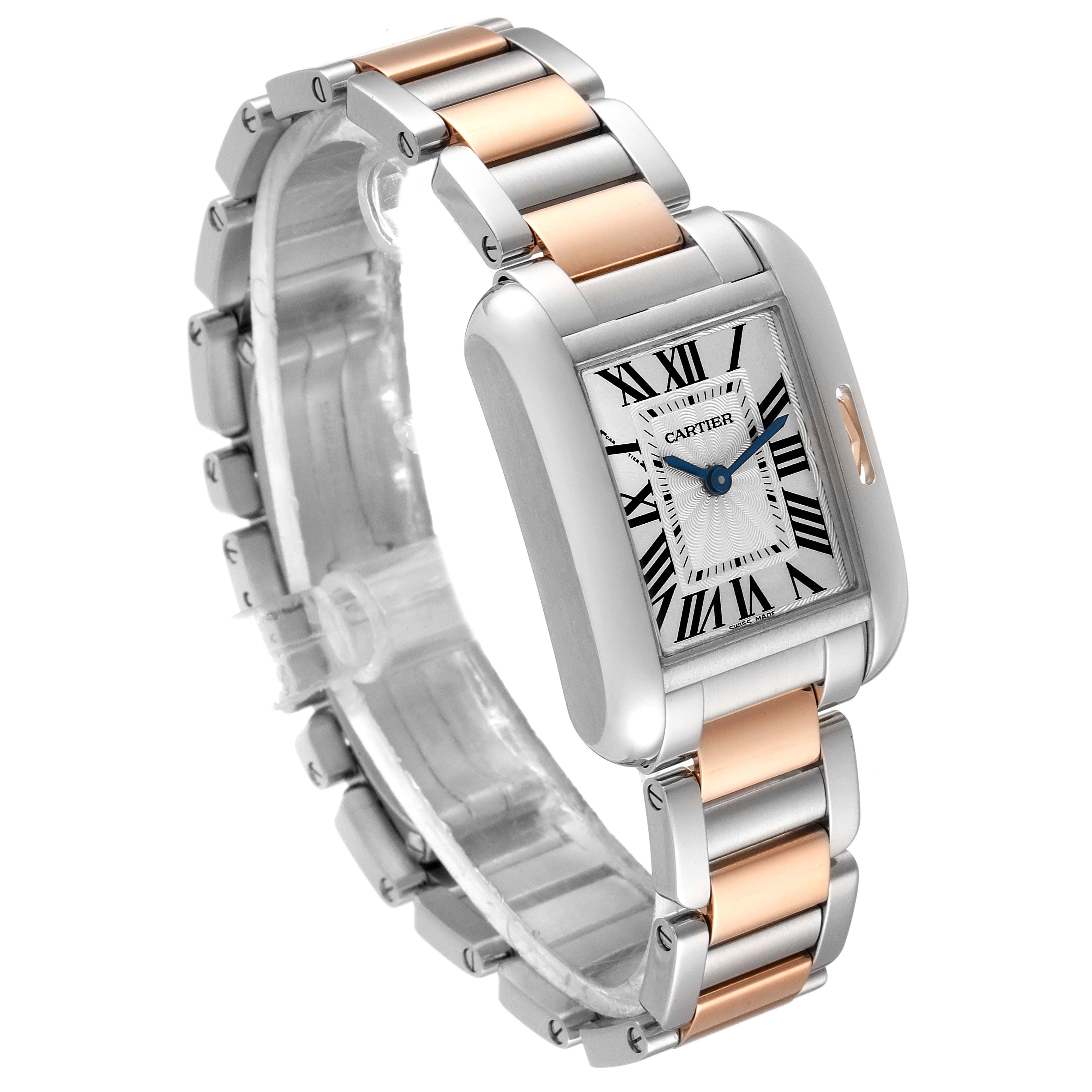 The image shows a Cartier Tank Anglaise W5310036 Women's Stainless Steel Silver Dial W5310036 Women's Stainless Steel Silver Dial watch at a three-quarter angle, highlighting its square face and metallic two-tone bracelet.