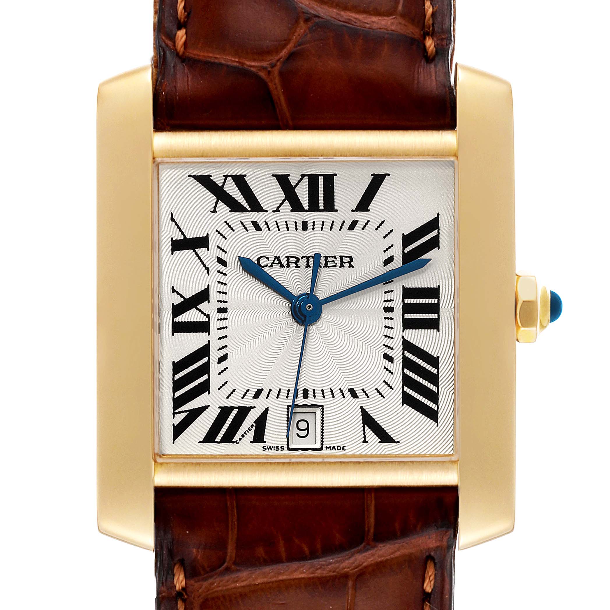 This image shows a Cartier Tank Francaise W5000156 Men's Yellow Gold Silver Dial W5000156 Men's Yellow Gold Silver Dial watch, displaying the watch face, leather strap, crown, and gold case.
