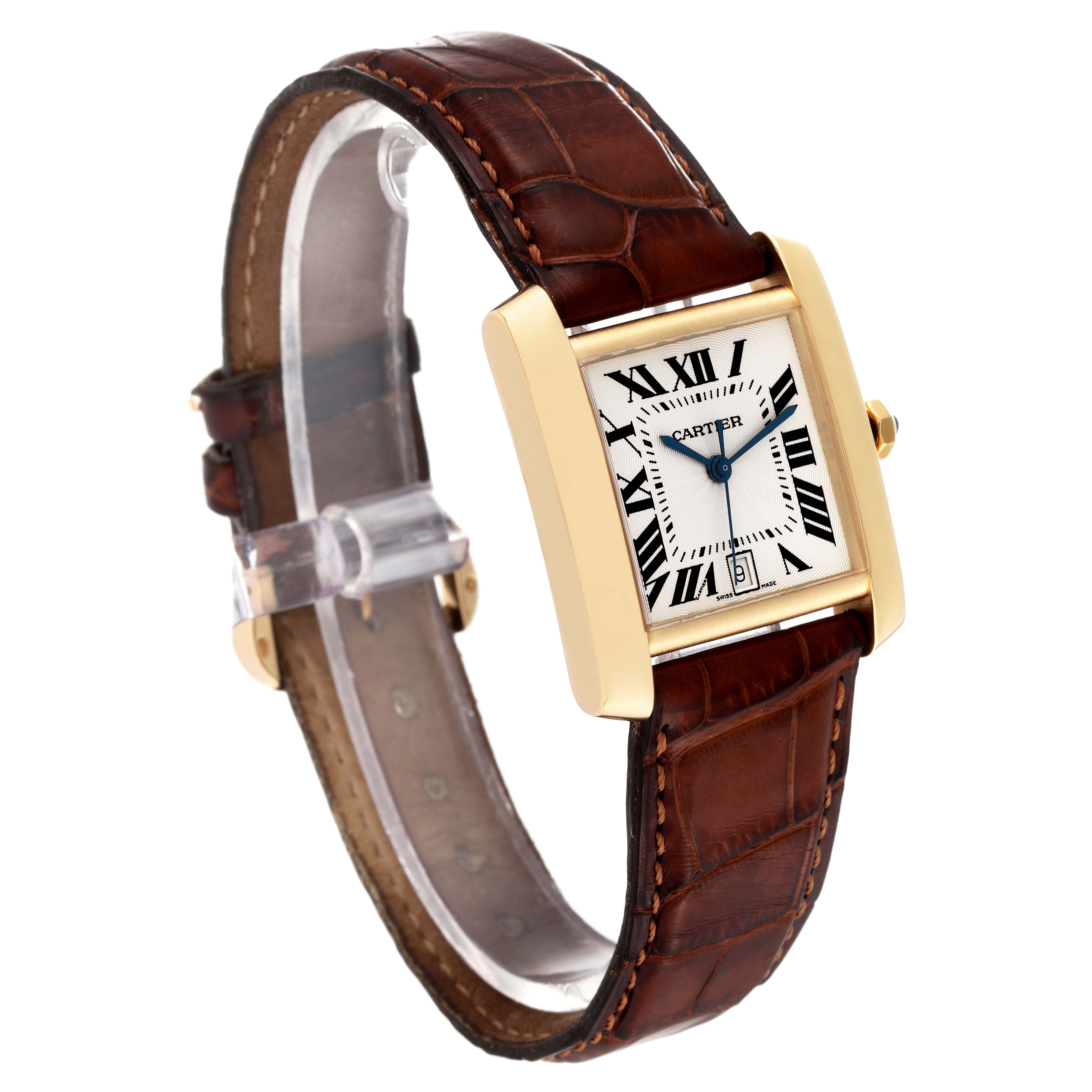 The image shows a side angle of a Cartier Tank Francaise W5000156 Men's Yellow Gold Silver Dial W5000156 Men's Yellow Gold Silver Dial watch, highlighting its rectangular case, leather strap, and Roman numeral dial.