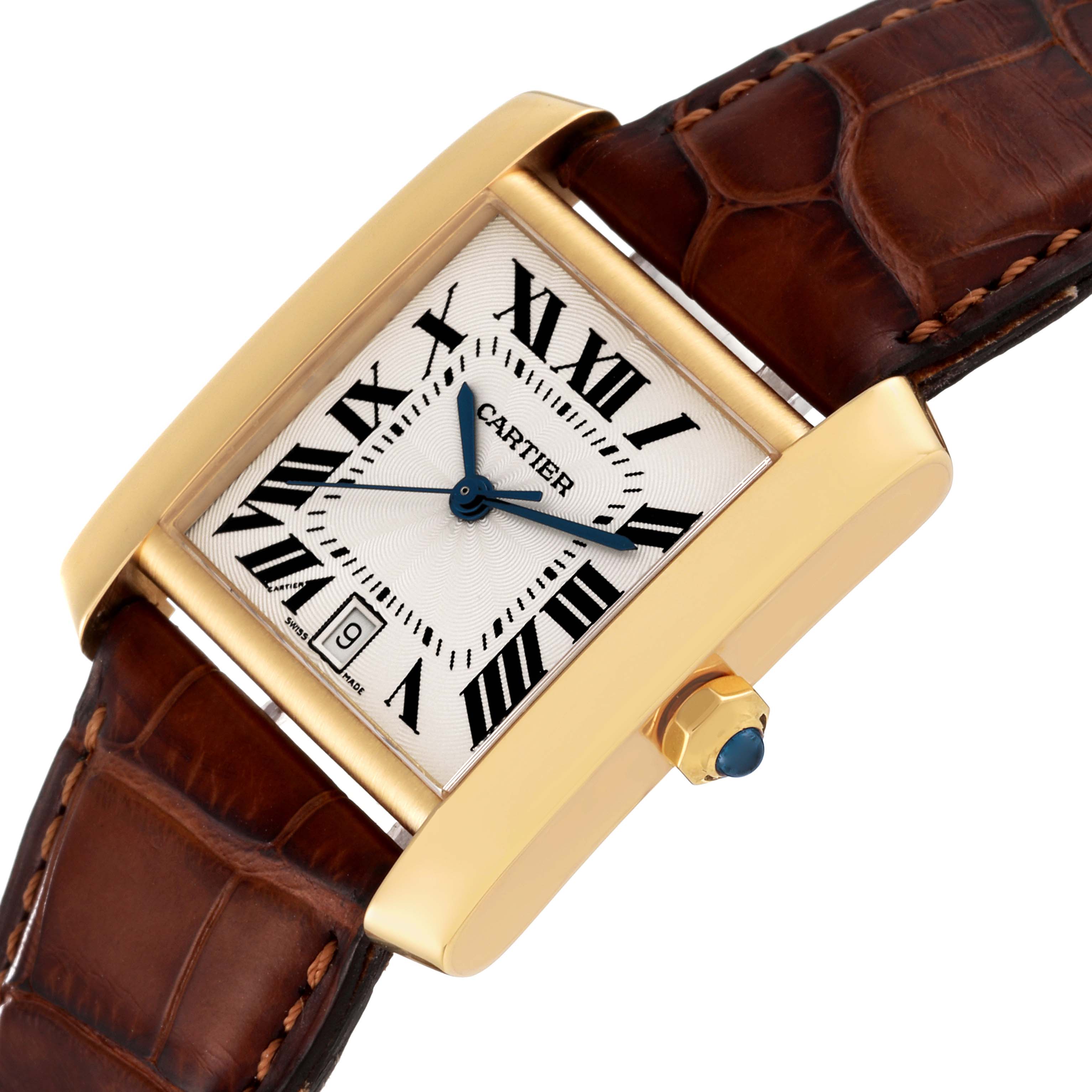 The image shows a Cartier Tank Française watch at an angle highlighting its face, brown leather strap, and side crown.