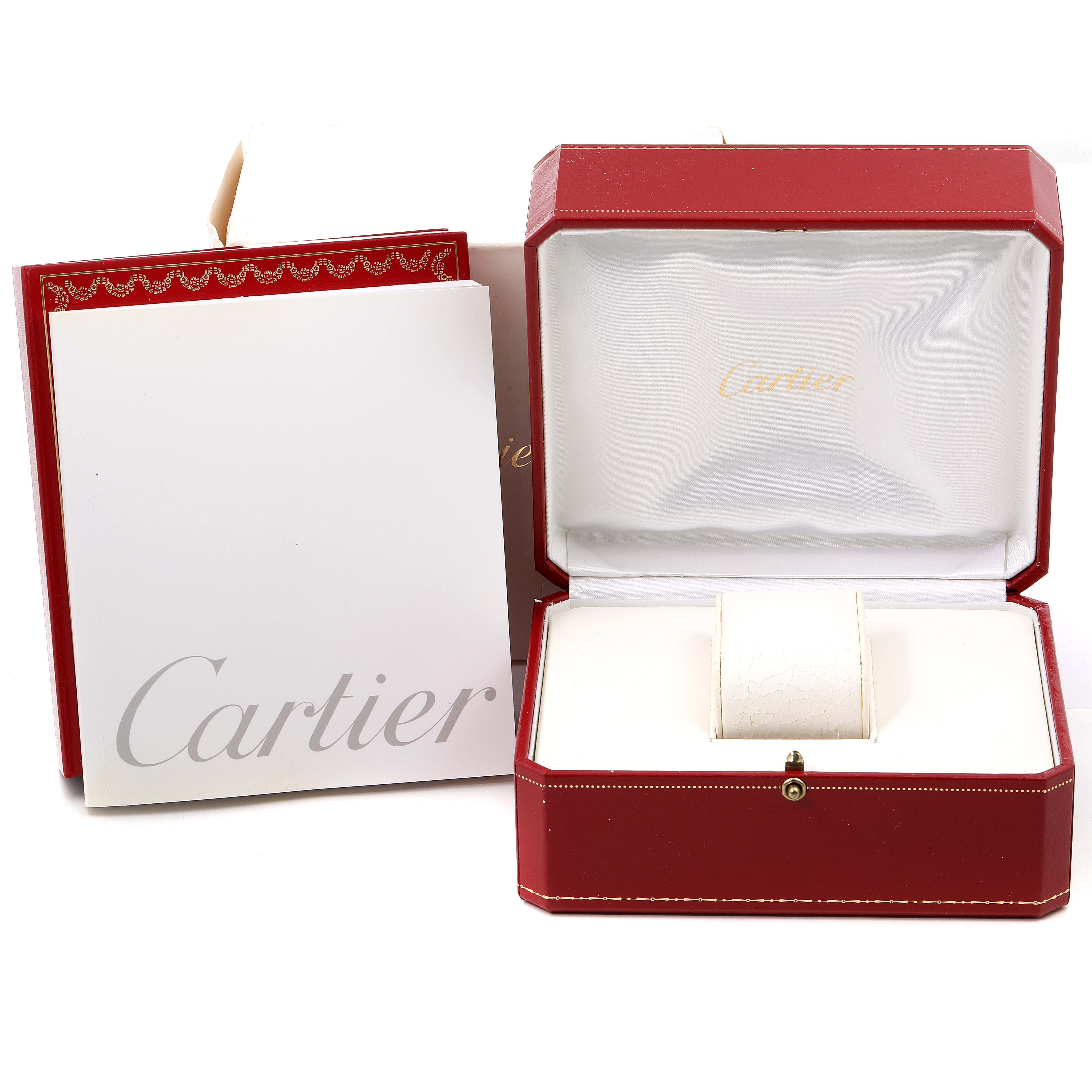 The image shows a Cartier Tank Francaise W51008Q3 Women's Stainless Steel Silver Dial W51008Q3 Women's Stainless Steel Silver Dial watch box and packaging, including the outer box, inner box, and watch cushion.