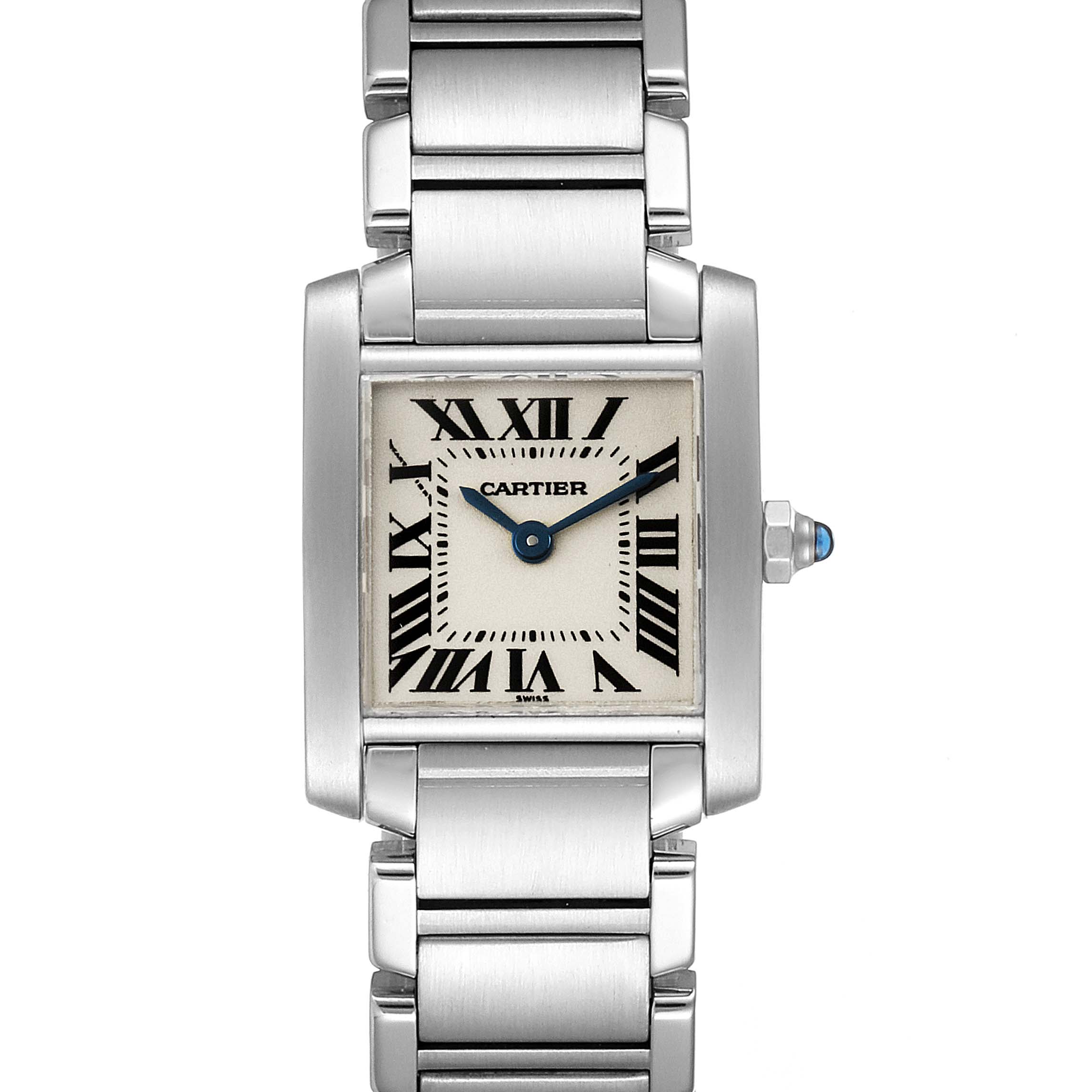 The image shows a front view of a Tank Francaise watch by Cartier, displaying the dial, bracelet, and crown.