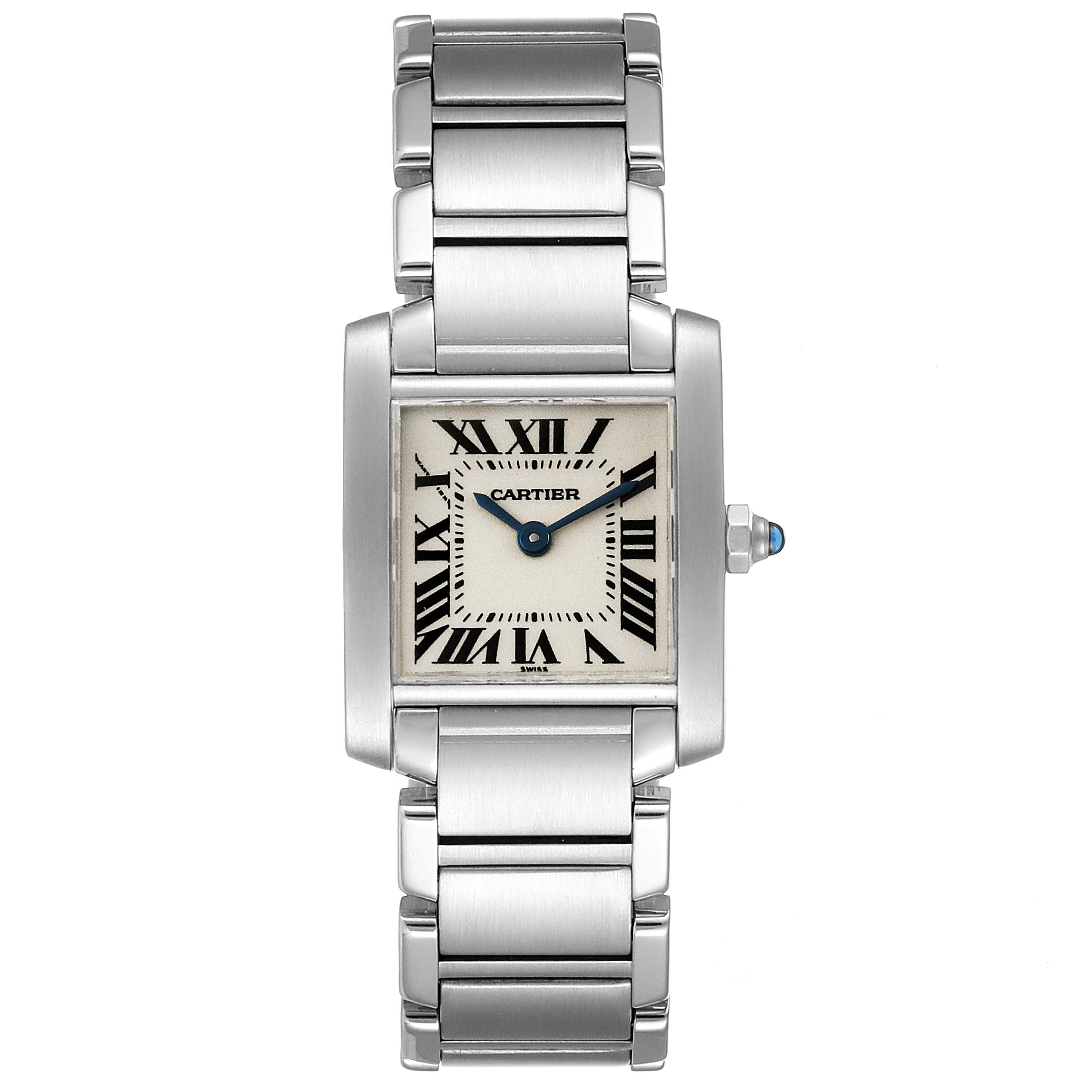 The image shows a front view of the Cartier Tank Francaise W51008Q3 Women's Stainless Steel Silver Dial W51008Q3 Women's Stainless Steel Silver Dial watch, featuring its rectangular dial and stainless steel bracelet.