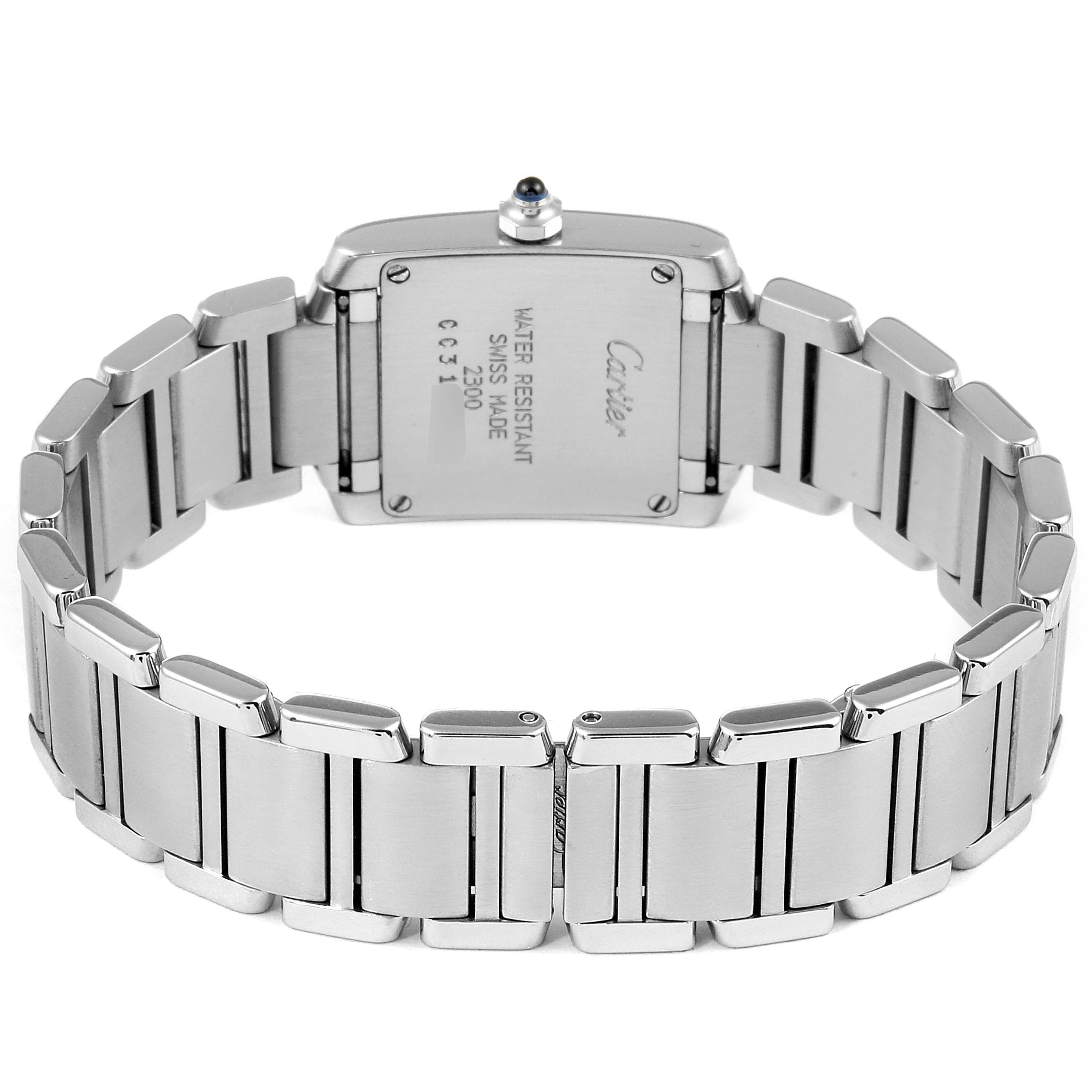 The image shows the back and metal bracelet of the Cartier Tank Francaise W51008Q3 Women's Stainless Steel Silver Dial W51008Q3 Women's Stainless Steel Silver Dial watch, highlighting its case back and links.
