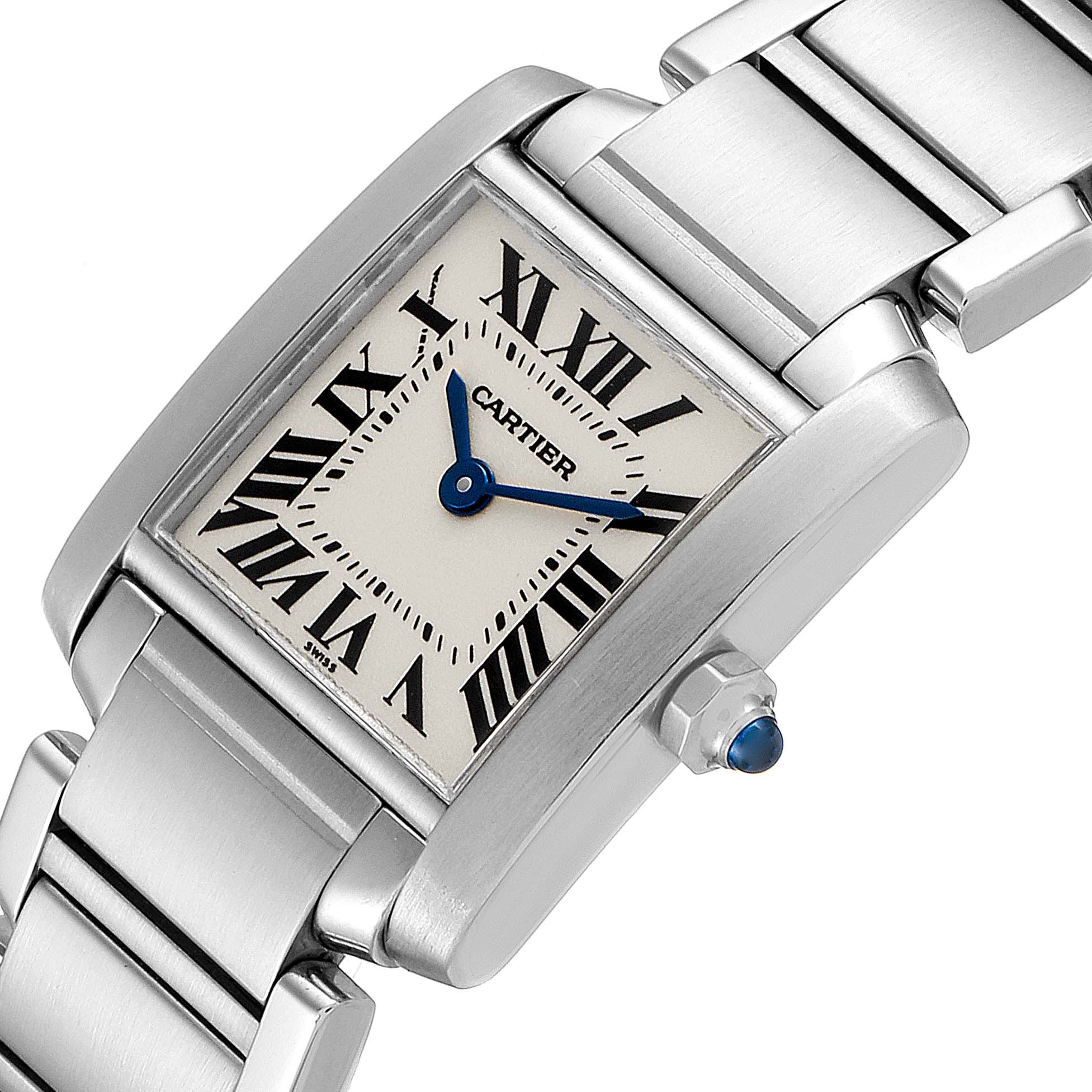 The image shows a close-up angled view of the Cartier Tank Francaise W51008Q3 Women's Stainless Steel Silver Dial W51008Q3 Women's Stainless Steel Silver Dial watch, highlighting the dial, case, and part of the bracelet.