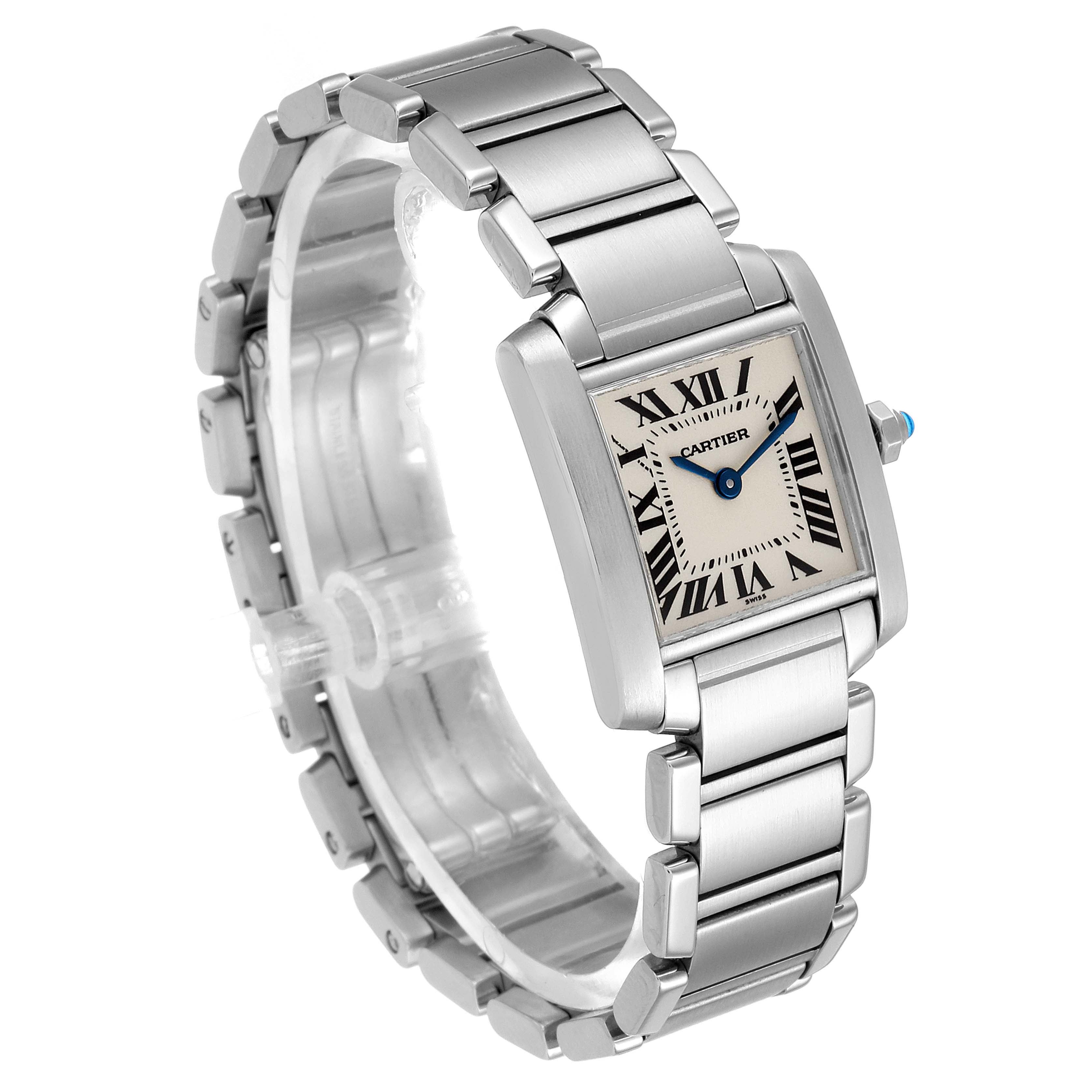 The image shows a Cartier Tank Française watch at a three-quarter angle highlighting the rectangular dial, bracelet, and crown.