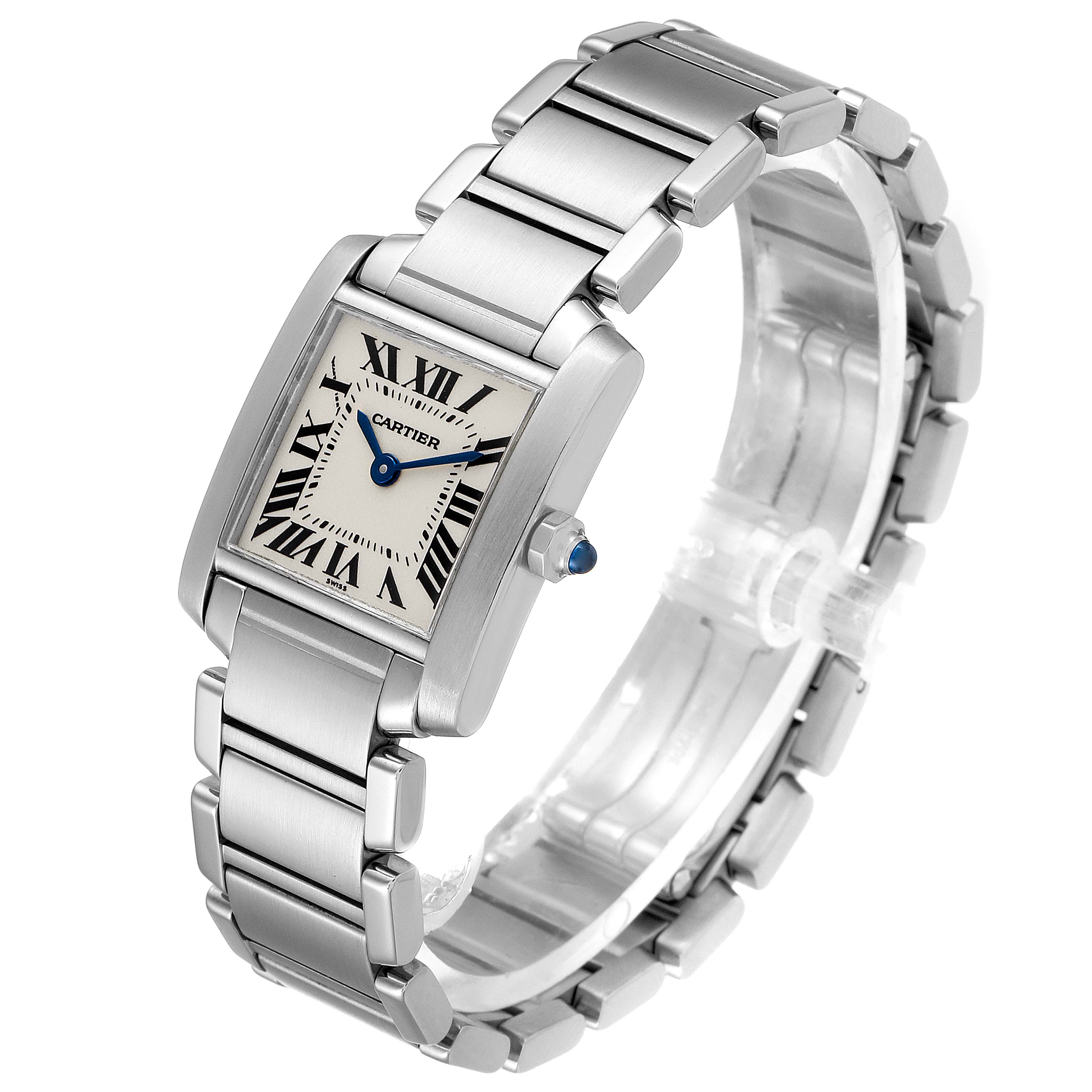 The Cartier Tank Francaise W51008Q3 Women's Stainless Steel Silver Dial W51008Q3 Women's Stainless Steel Silver Dial watch is shown from an angled, front-side perspective, highlighting the face, dial, and bracelet.