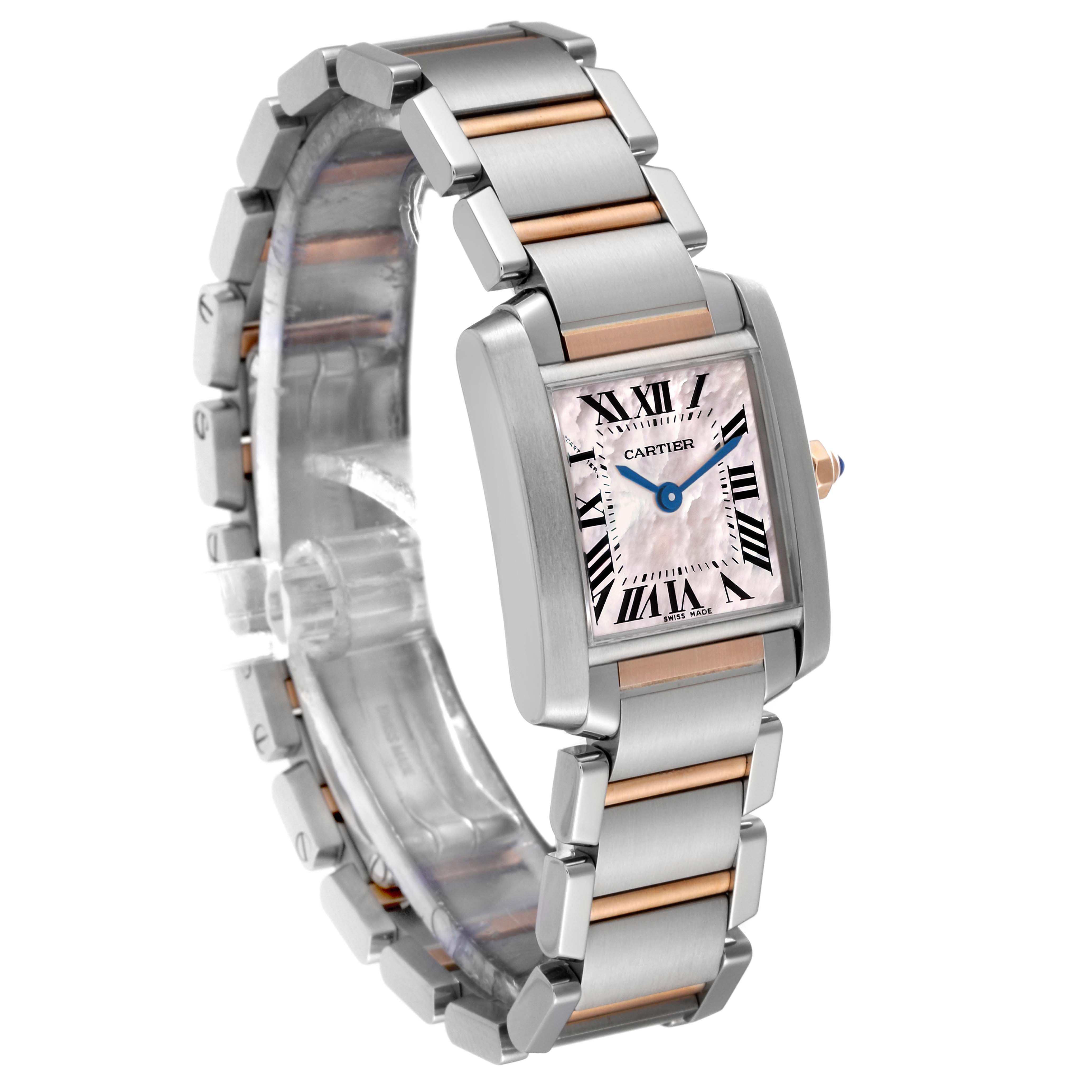 The Cartier Tank Francaise W51027Q4 Women's Steel and Gold (two tone) Mother of Pearl Dial W51027Q4 Women's Steel and Gold (two tone) Mother of Pearl Dial watch is shown at a three-quarter angle, highlighting the face, bracelet, and clasp in a mix of two-tone metal.