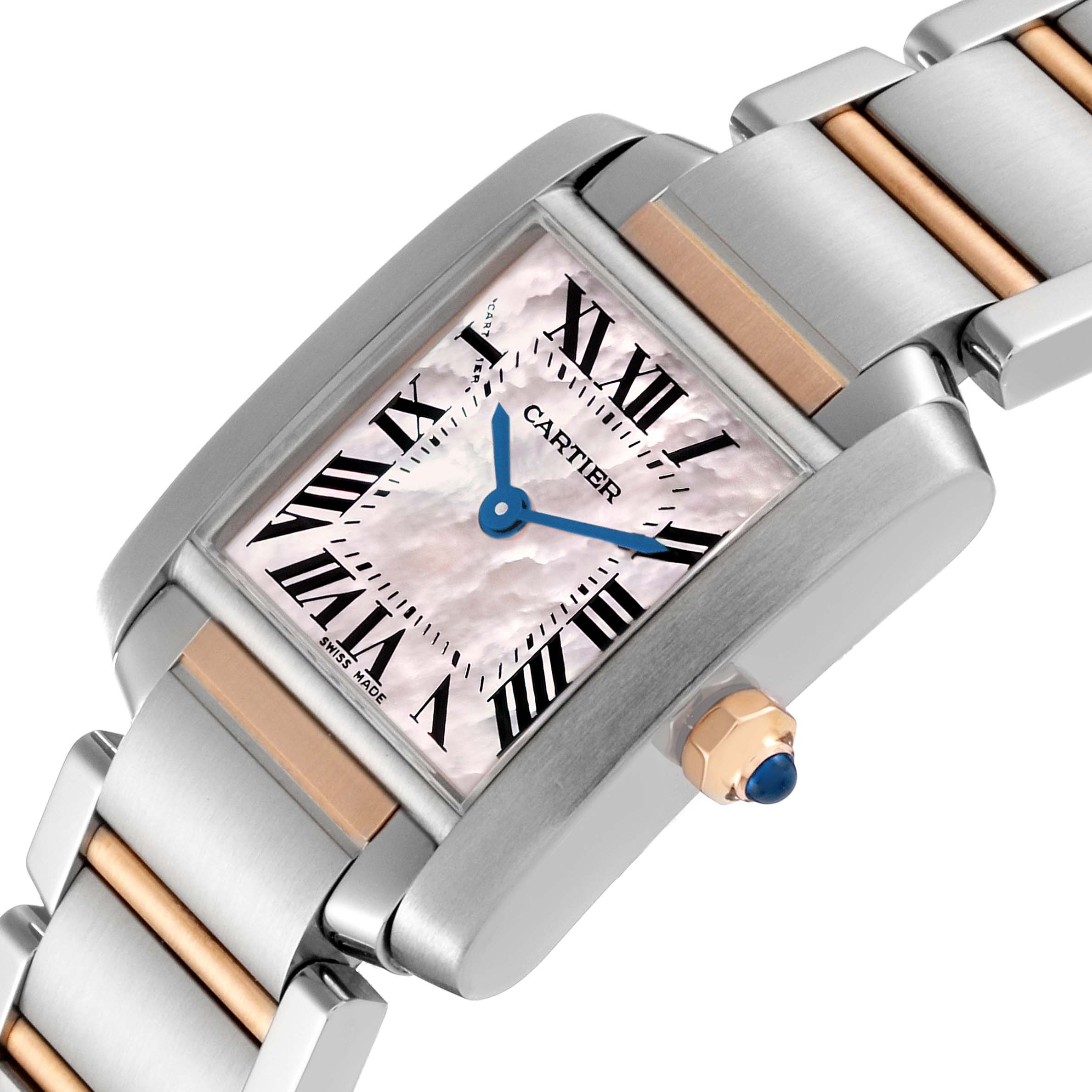 The image showcases a Cartier Tank Française watch face and part of the bracelet, highlighting its rectangular dial and two-tone metal construction.
