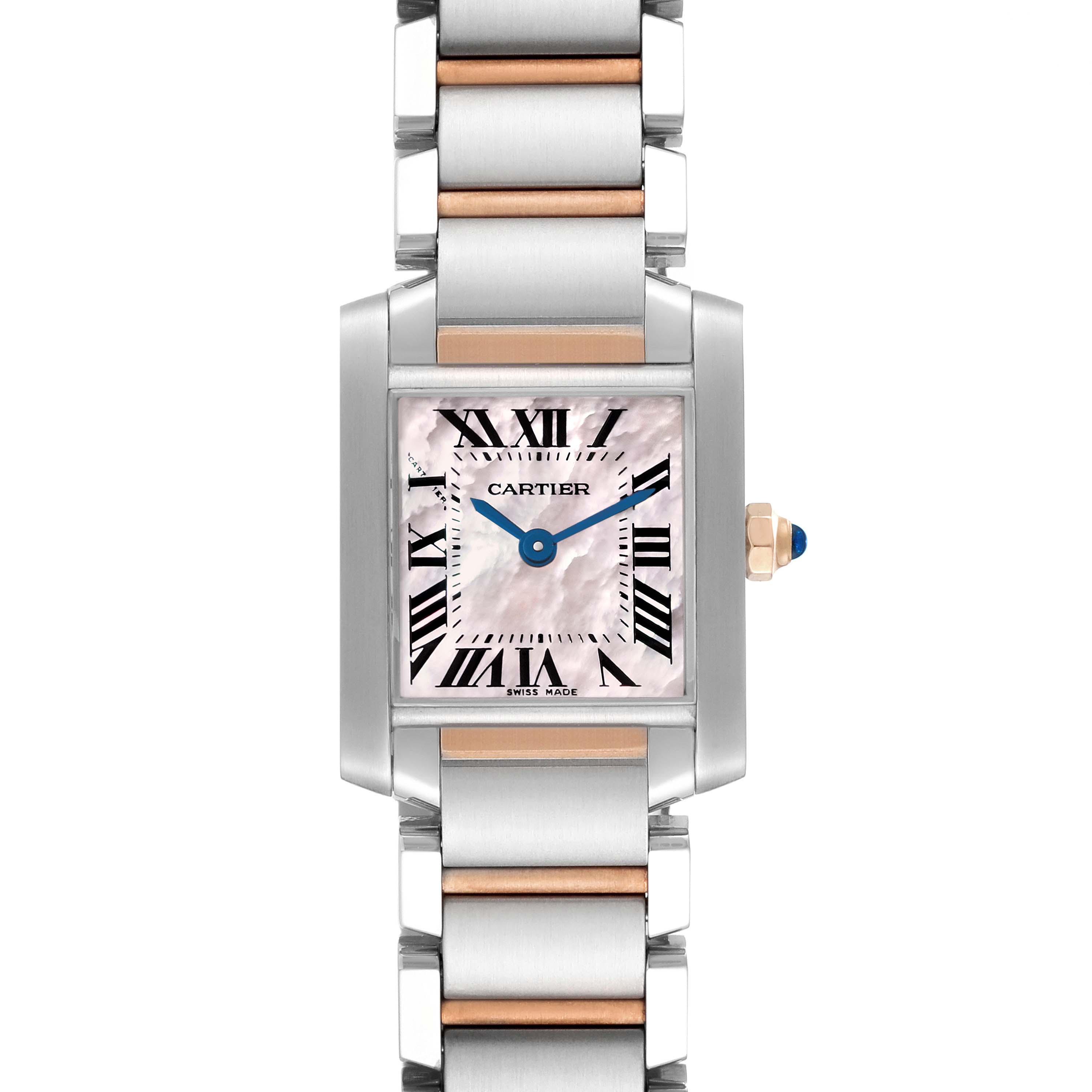The image shows a front view of a Cartier Tank Francaise W51027Q4 Women's Steel and Gold (two tone) Mother of Pearl Dial W51027Q4 Women's Steel and Gold (two tone) Mother of Pearl Dial watch, highlighting its face, bezel, and bracelet.