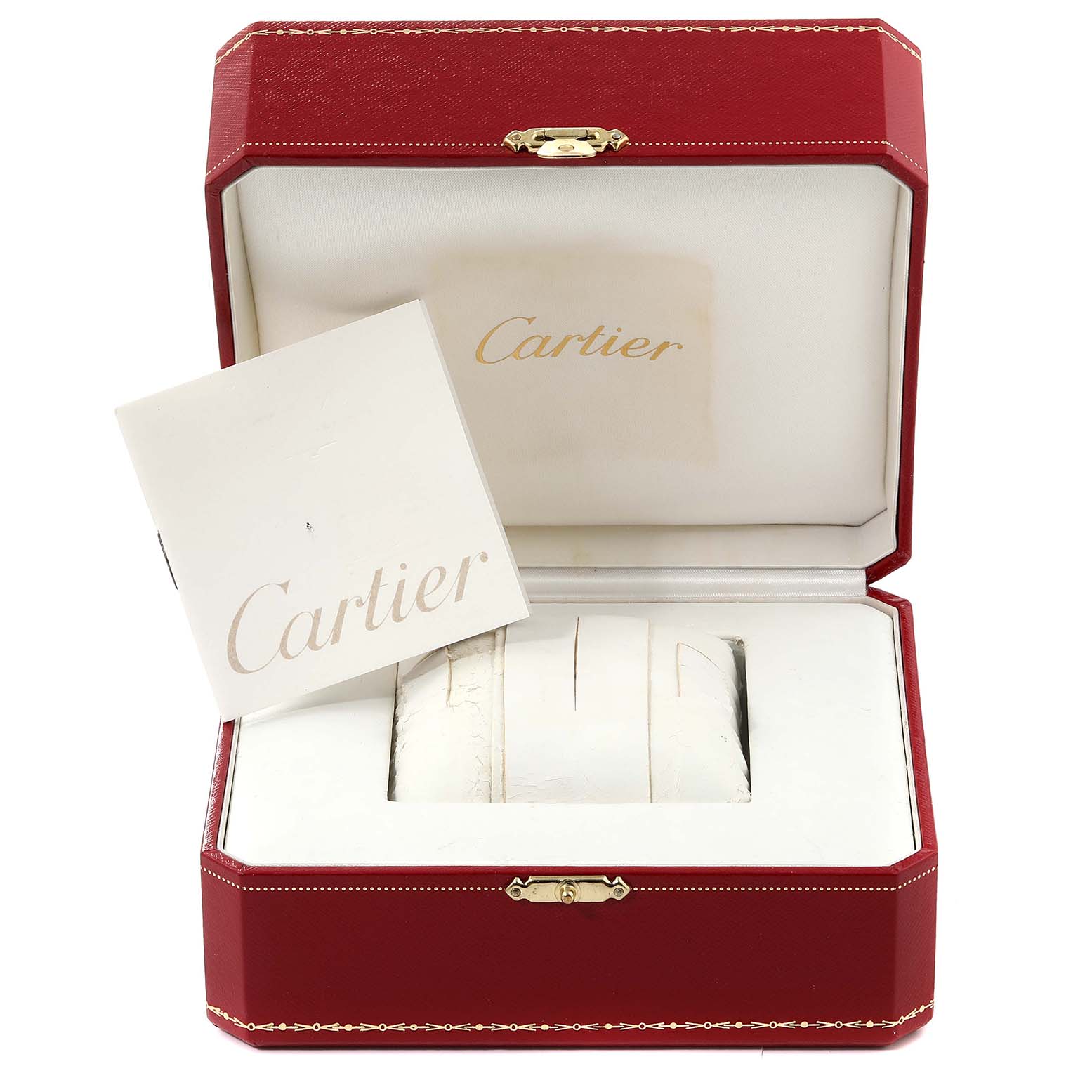 The image shows a Cartier Tank Française watch box and booklet from a front angle, with no watch present inside the box.