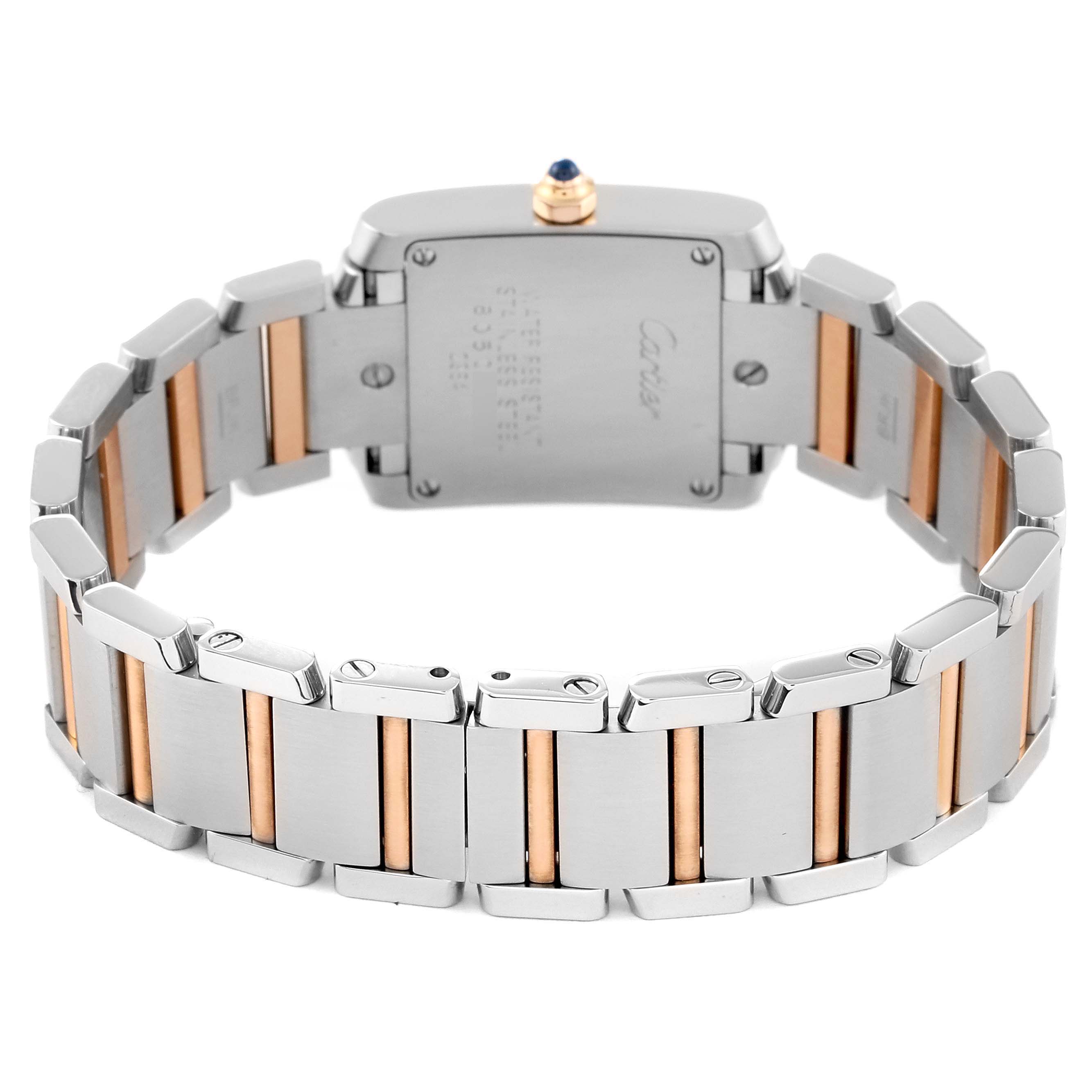 The image shows the back view of the Tank Française model by Cartier, highlighting its bracelet and caseback.