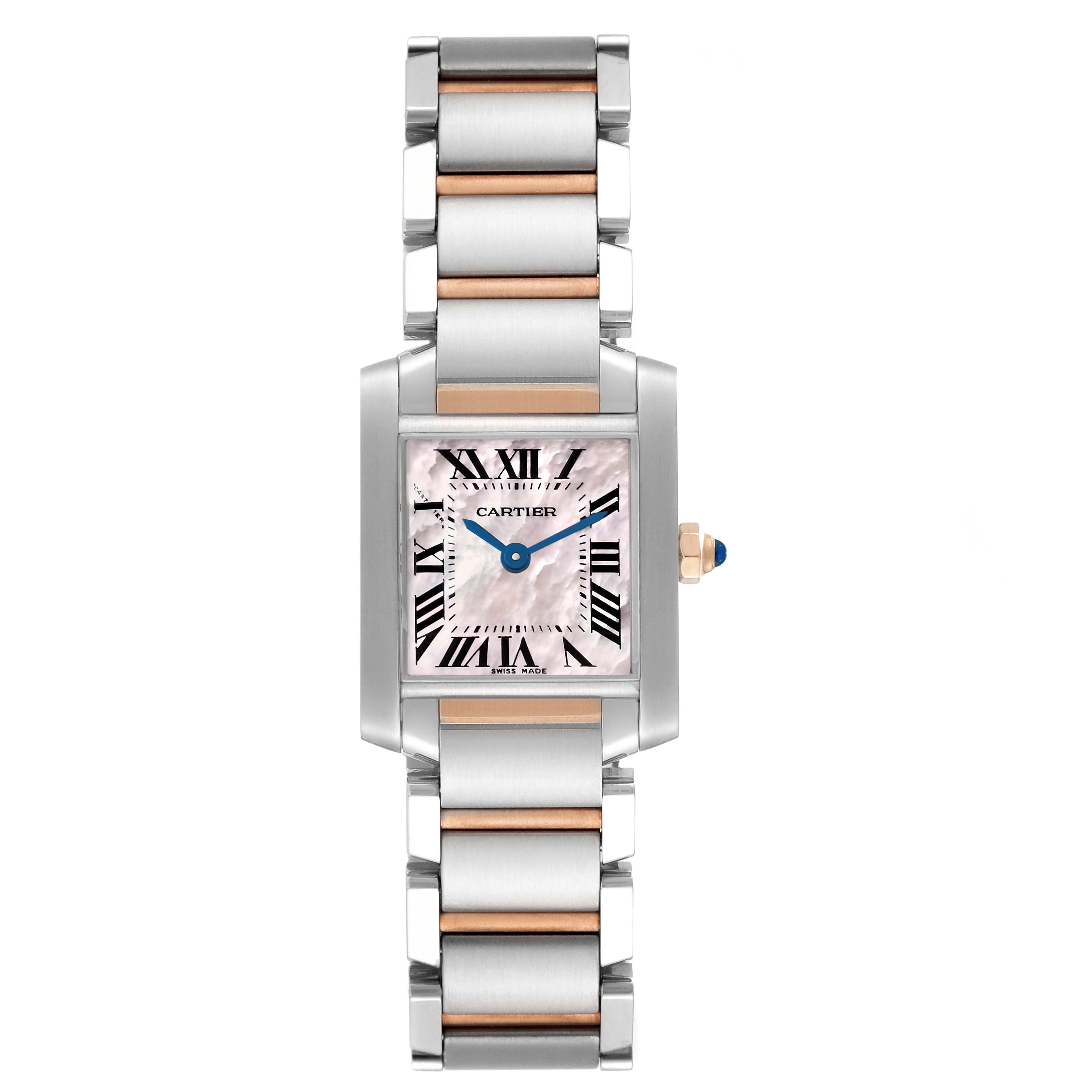 This Cartier Tank Francaise W51027Q4 Women's Steel and Gold (two tone) Mother of Pearl Dial W51027Q4 Women's Steel and Gold (two tone) Mother of Pearl Dial watch is shown from a front angle, displaying its rectangular face, Roman numerals, and two-tone metal bracelet.