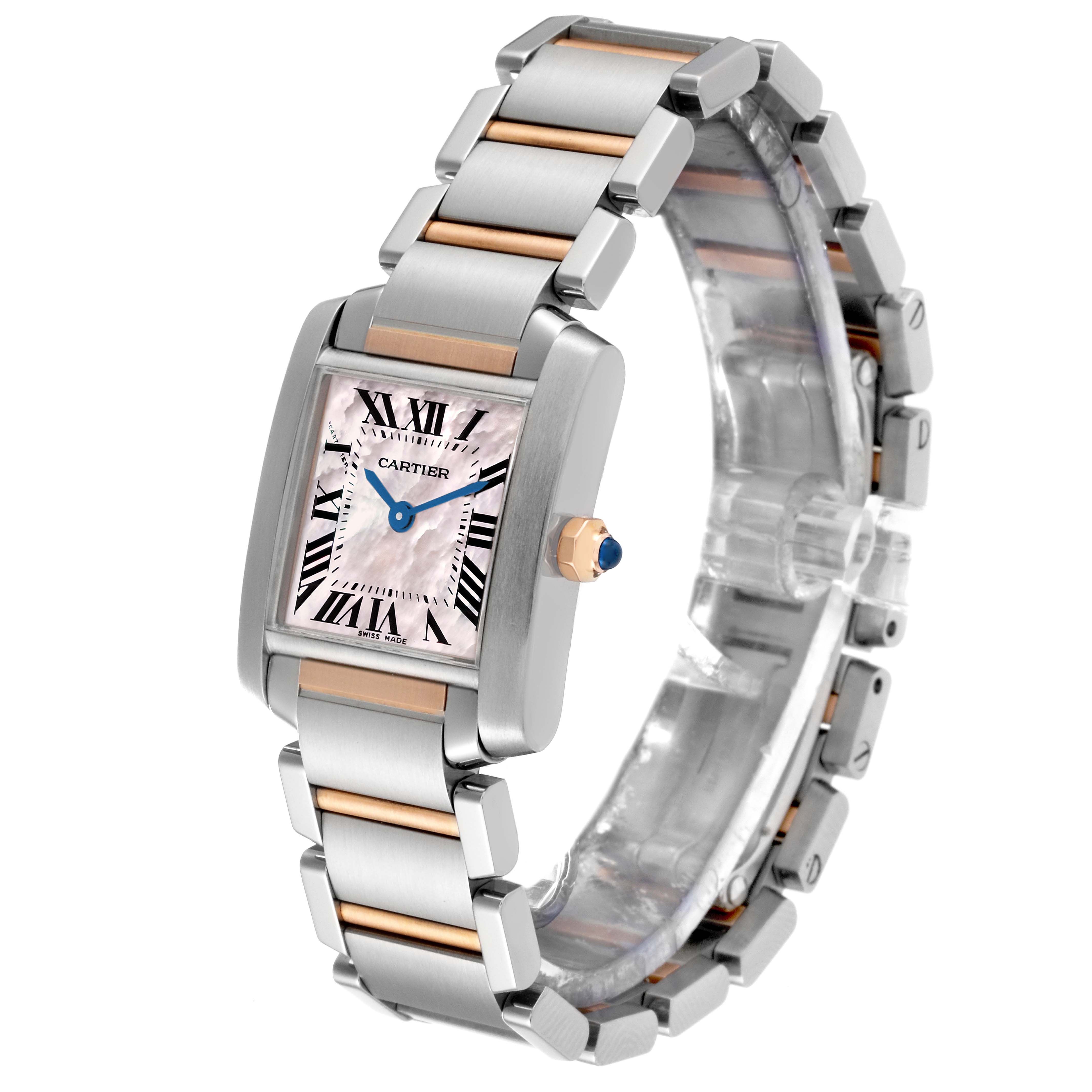 The image shows a Cartier Tank Francaise W51027Q4 Women's Steel and Gold (two tone) Mother of Pearl Dial W51027Q4 Women's Steel and Gold (two tone) Mother of Pearl Dial watch from an angled side view, displaying the face, bracelet, and crown.