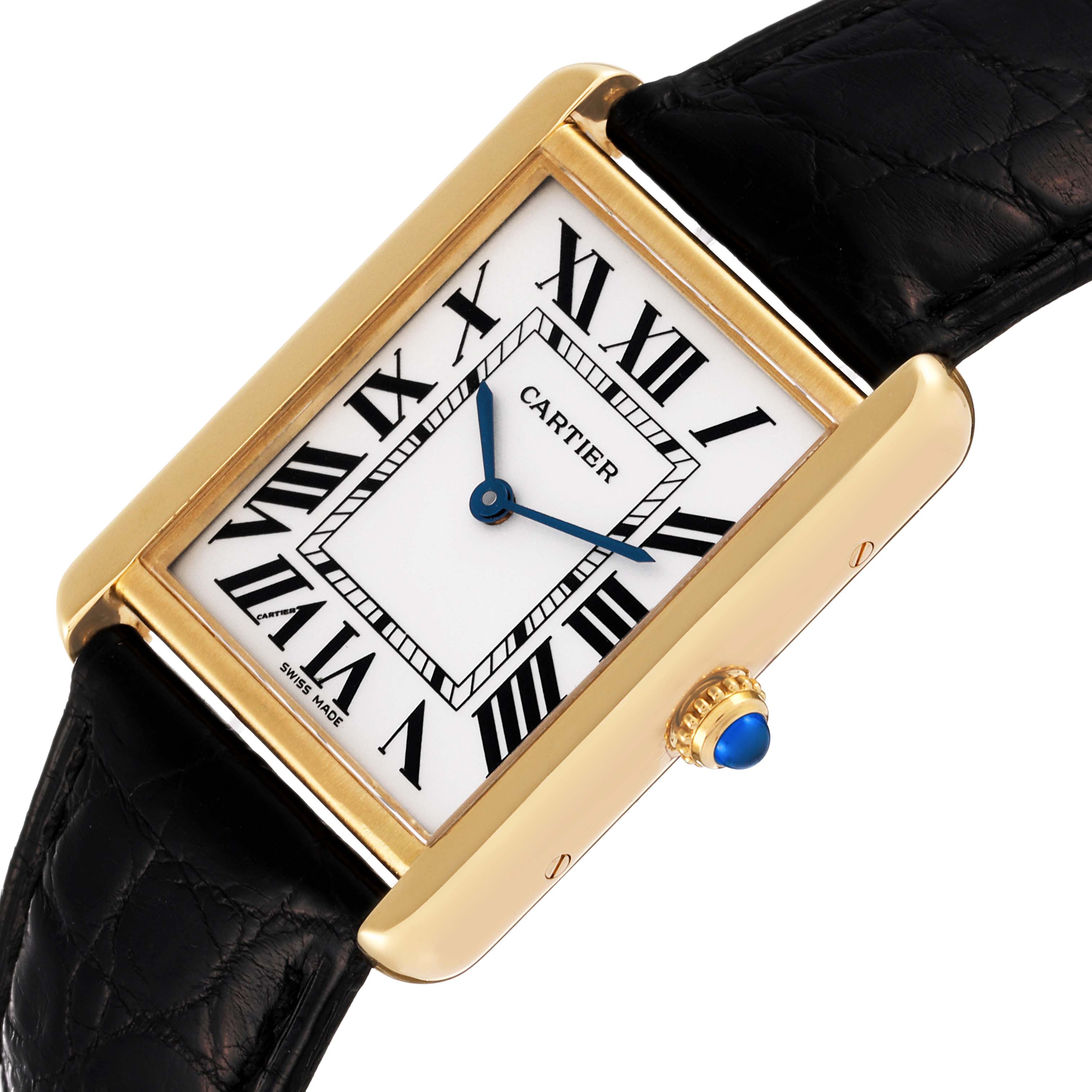This image shows a top-angled view of the Cartier Tank Solo W5200004 Men's Yellow Gold Silver Dial W5200004 Men's Yellow Gold Silver Dial wristwatch, featuring its rectangular face, Roman numerals, and black leather strap.