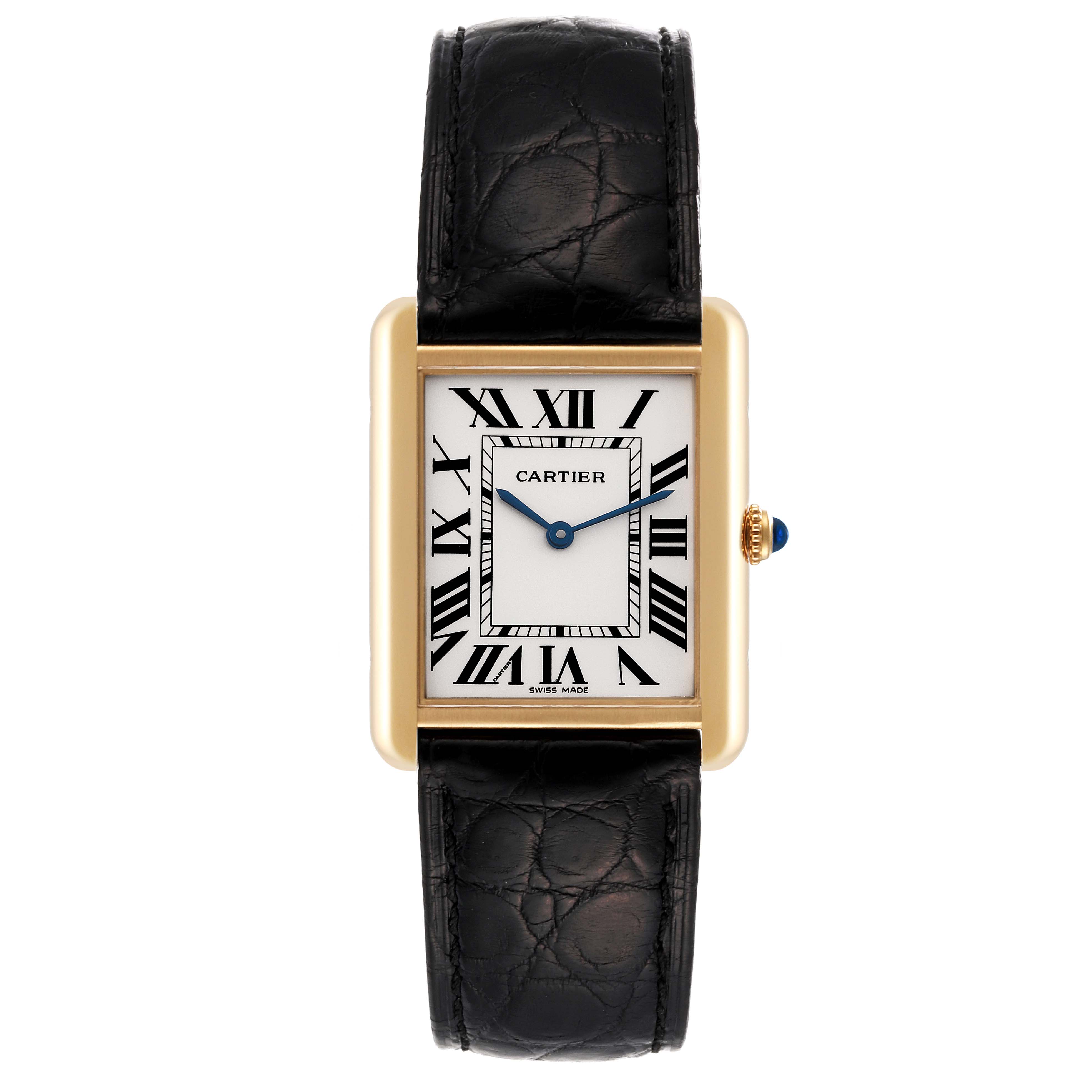 The Cartier Tank Solo W5200004 Men's Yellow Gold Silver Dial W5200004 Men's Yellow Gold Silver Dial watch is shown from a front view, displaying its dial, case, strap, and crown.