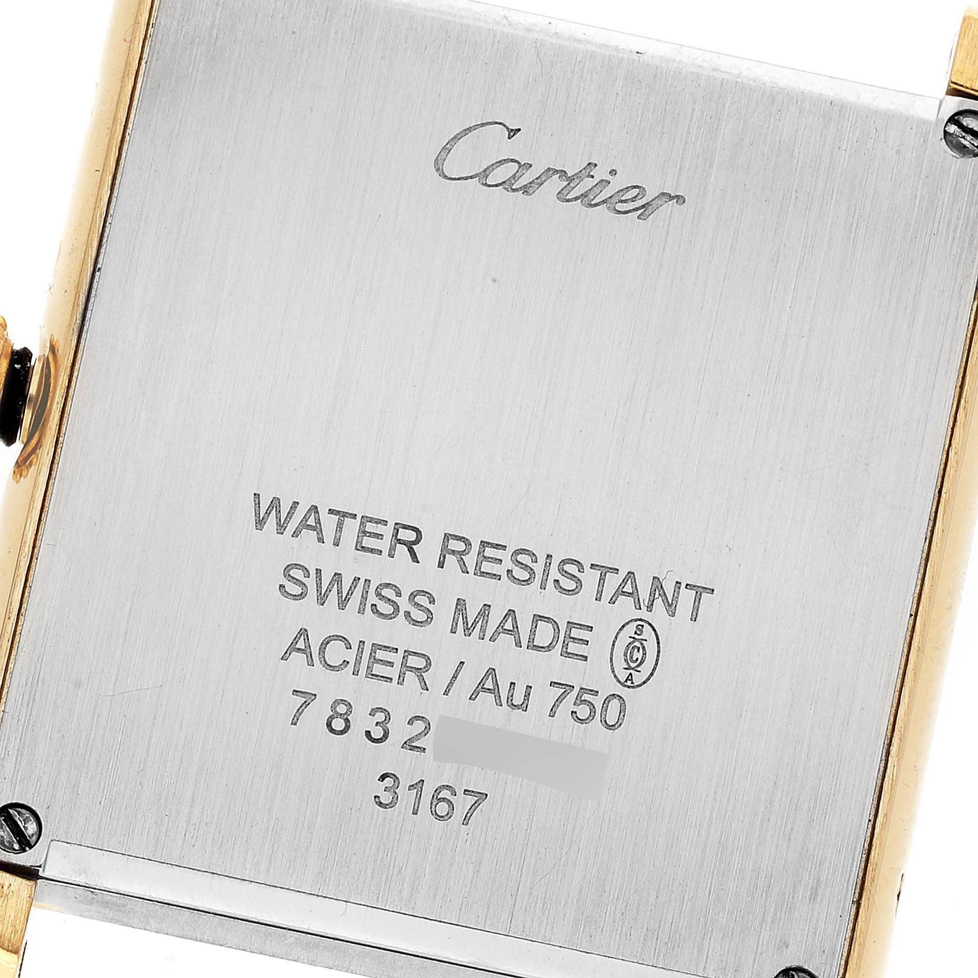 This image shows the back of the Tank Solo watch by Cartier, displaying its engravings and details.
