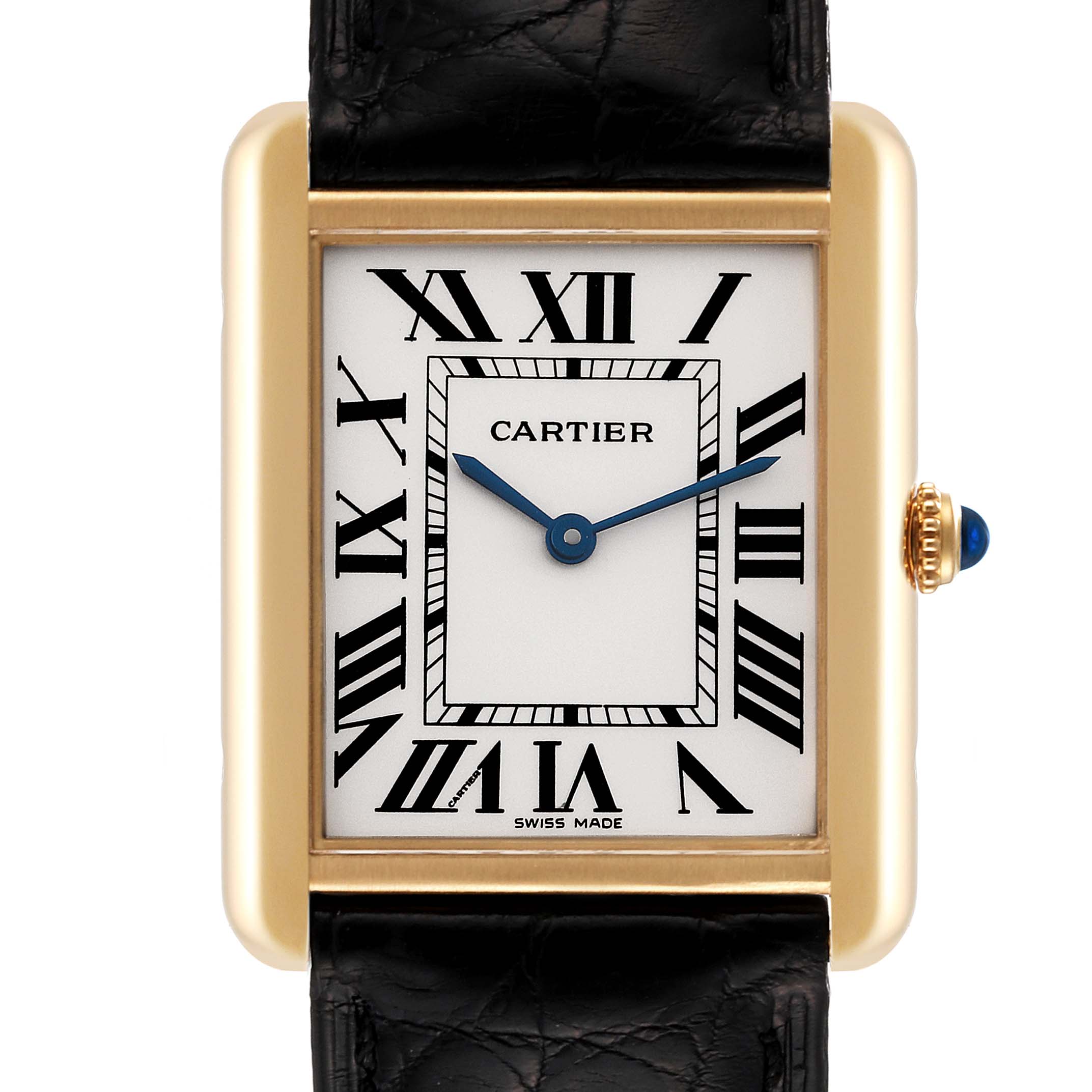 This is a frontal view of the Cartier Tank Solo W5200004 Men's Yellow Gold Silver Dial W5200004 Men's Yellow Gold Silver Dial watch, showing the face, Roman numerals, hands, and part of the leather strap.