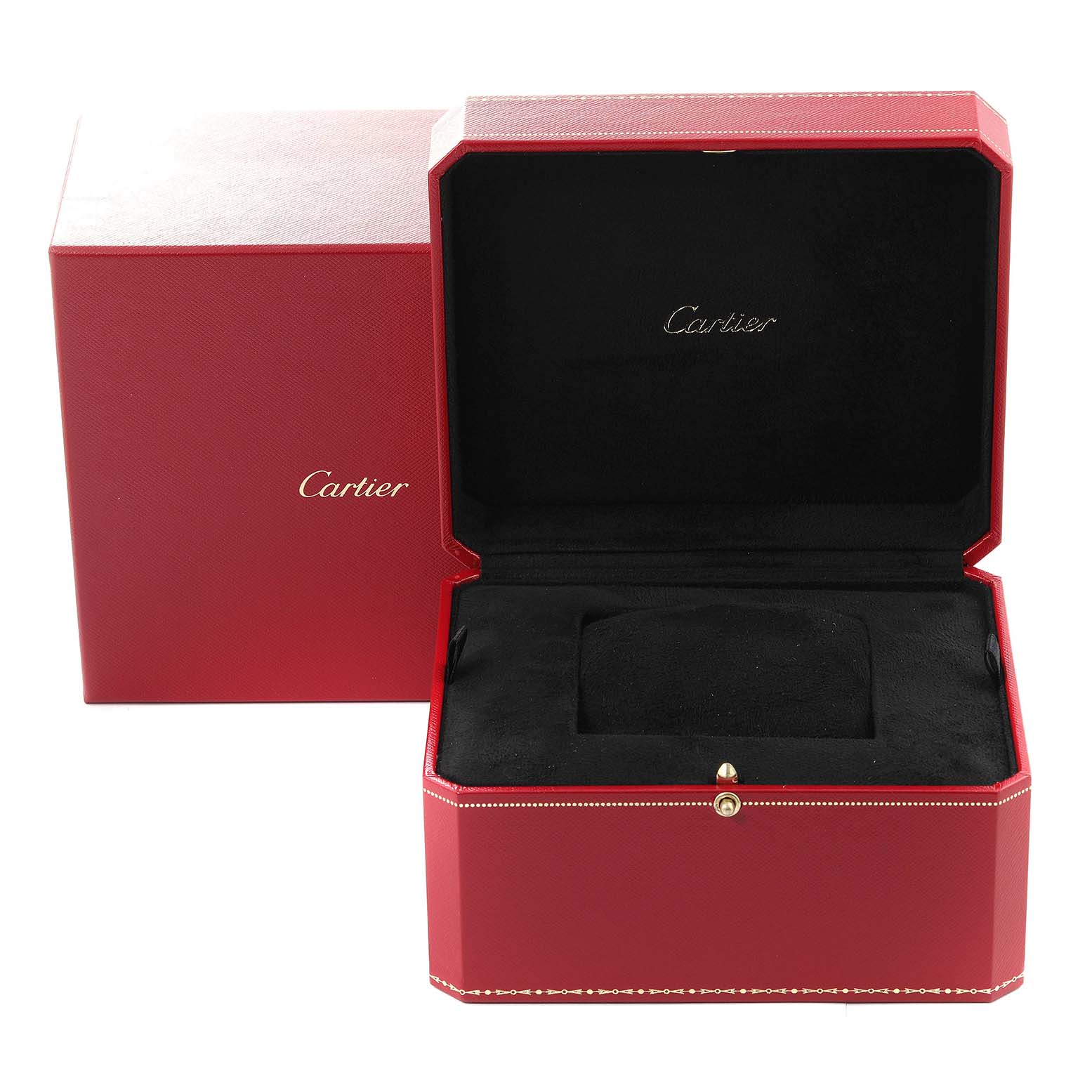 The image shows an open red Cartier box, with "Cartier" written inside, designed for the Tank Solo model.