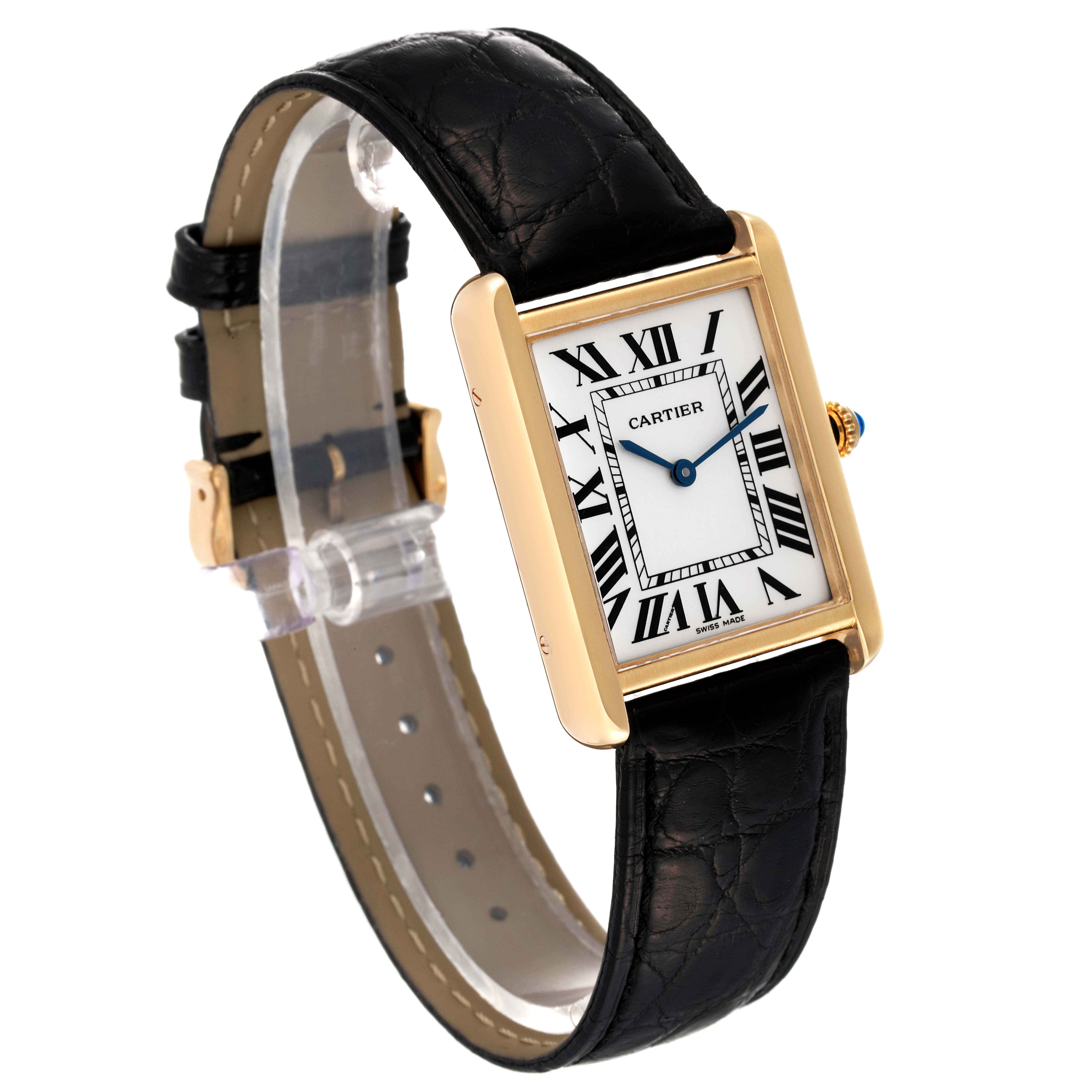 This image shows a Cartier Tank Solo W5200004 Men's Yellow Gold Silver Dial W5200004 Men's Yellow Gold Silver Dial watch, focusing on the front face, strap, and side view at an angle.