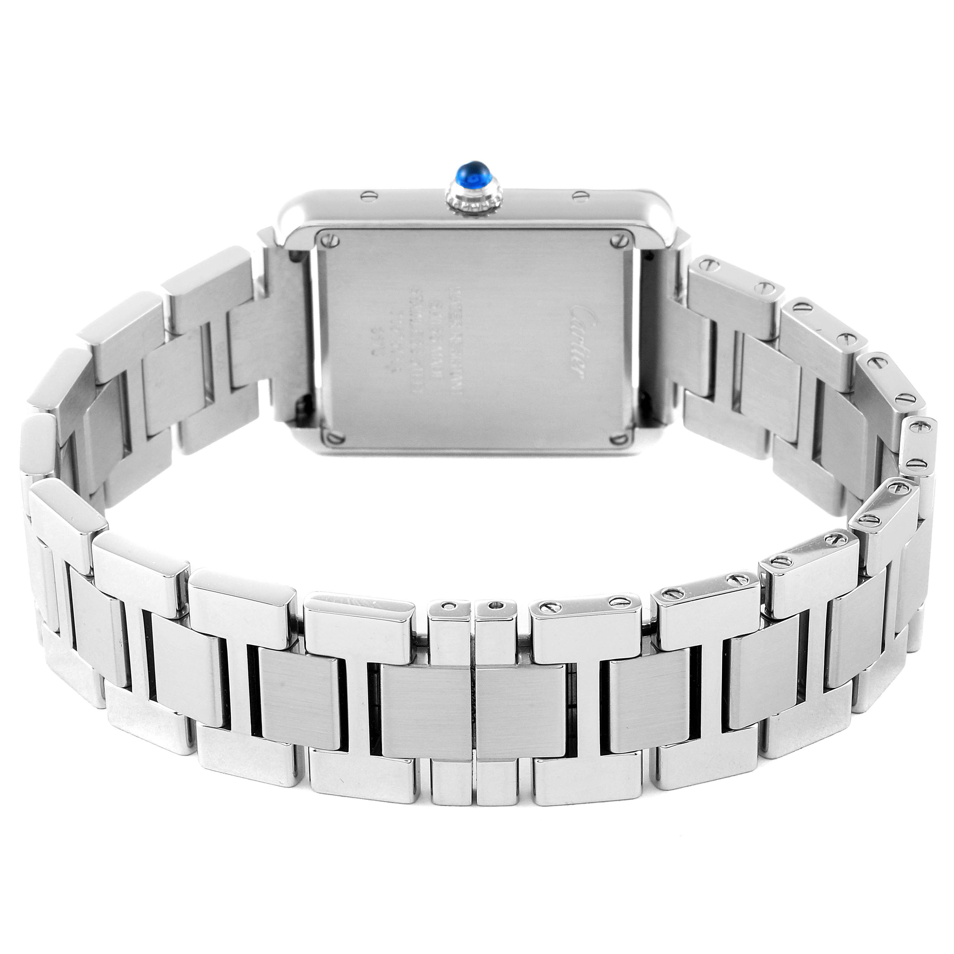 The image shows the back view of the Cartier Tank Solo W5200013 Women's Stainless Steel Silver Dial W5200013 Women's Stainless Steel Silver Dial watch, highlighting its stainless steel bracelet and case with a blue cabochon crown.