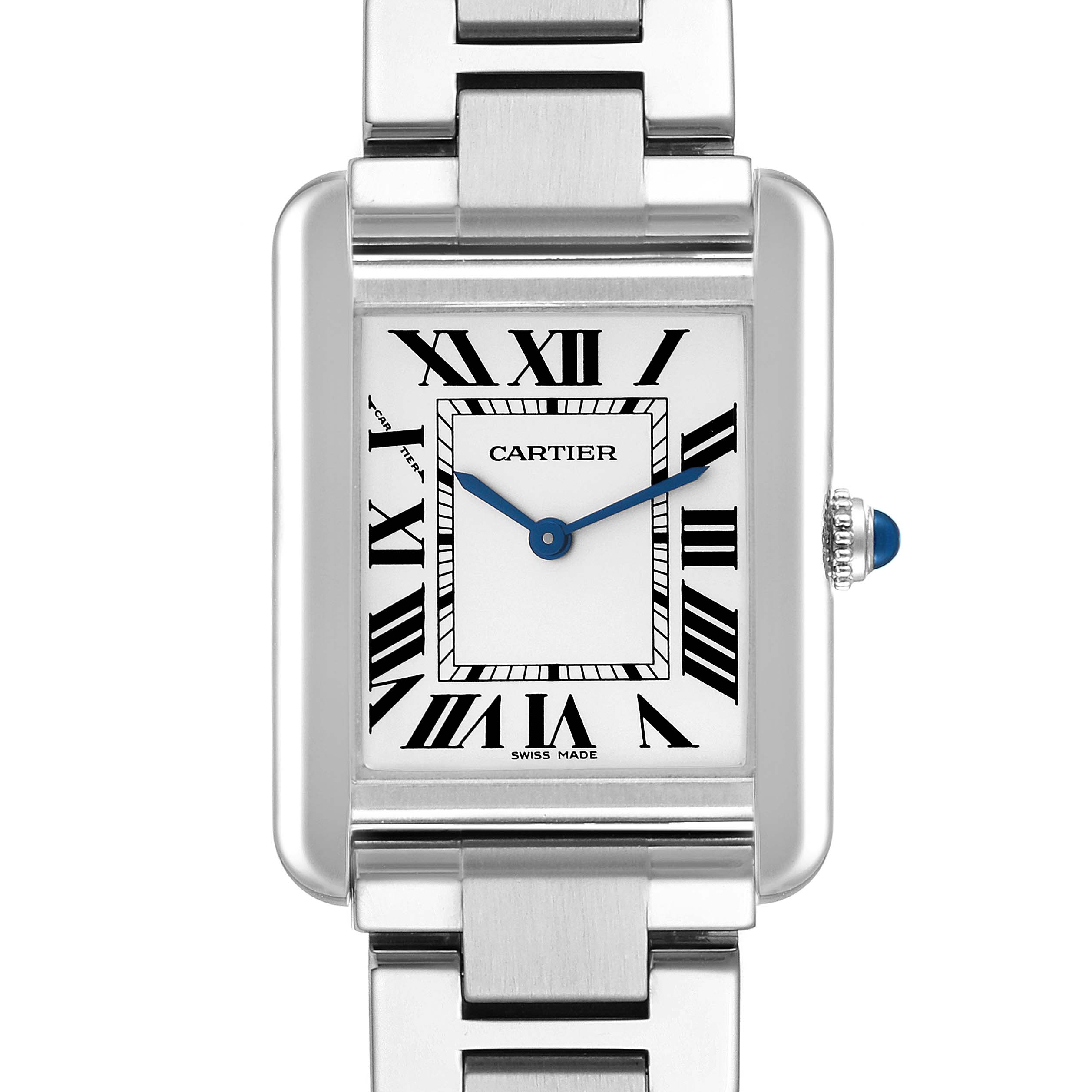 The image shows a close-up of the Cartier Tank Solo W5200013 Women's Stainless Steel Silver Dial W5200013 Women's Stainless Steel Silver Dial watch, focusing on the face, hands, and bracelet attachment.