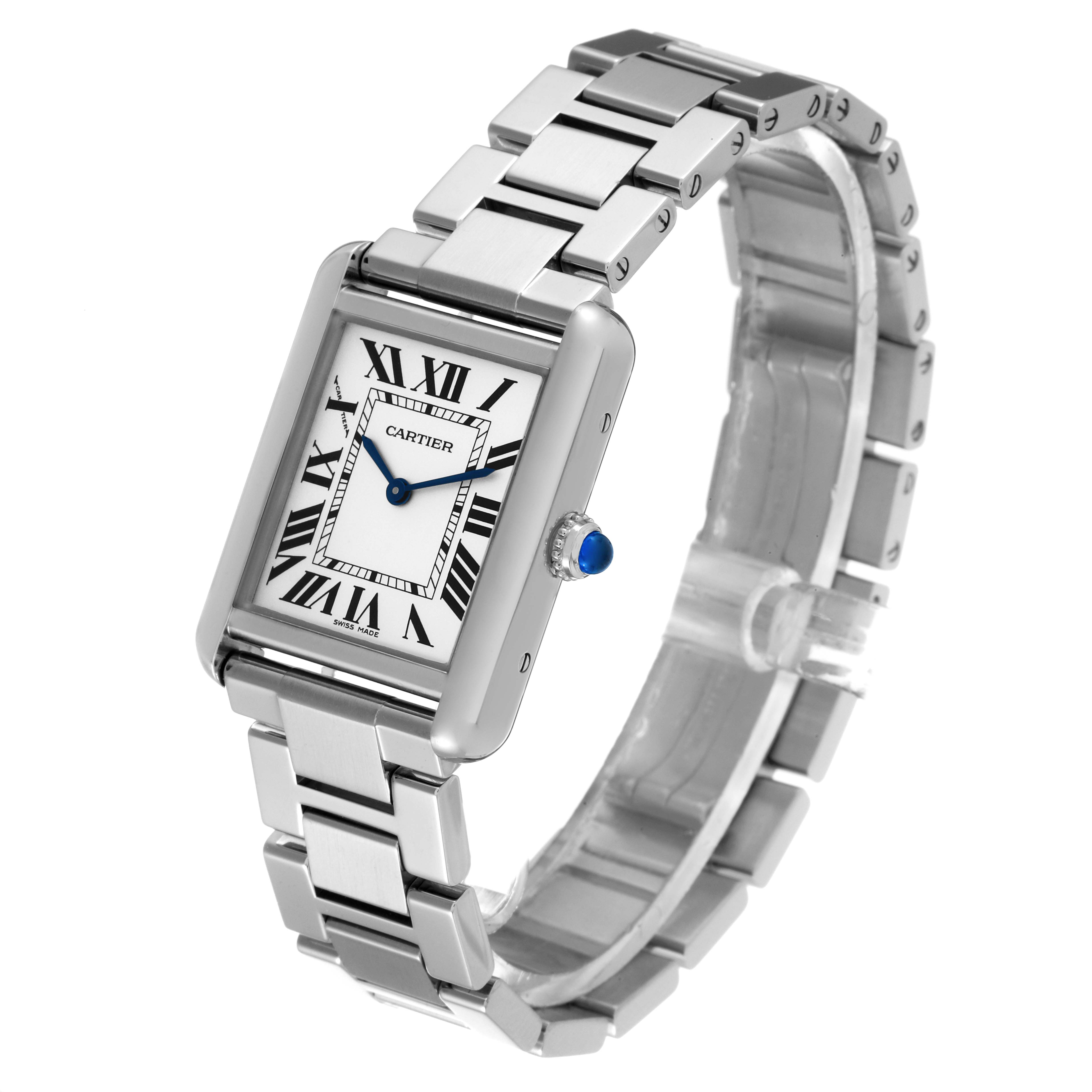 The image shows a Cartier Tank Solo W5200013 Women's Stainless Steel Silver Dial W5200013 Women's Stainless Steel Silver Dial watch angled to display its rectangular face, stainless steel bracelet, and blue sapphire crown.