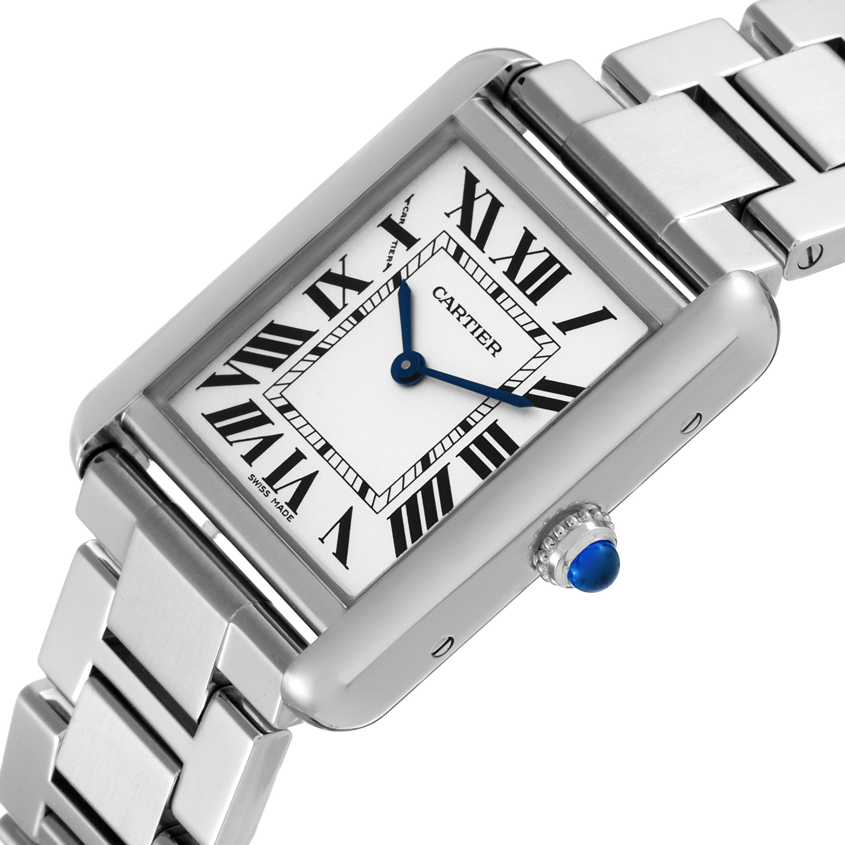 The image shows a close-up angle of a Cartier Tank Solo W5200013 Women's Stainless Steel Silver Dial W5200013 Women's Stainless Steel Silver Dial watch, highlighting the dial, bracelet, and crown with a blue cabochon.