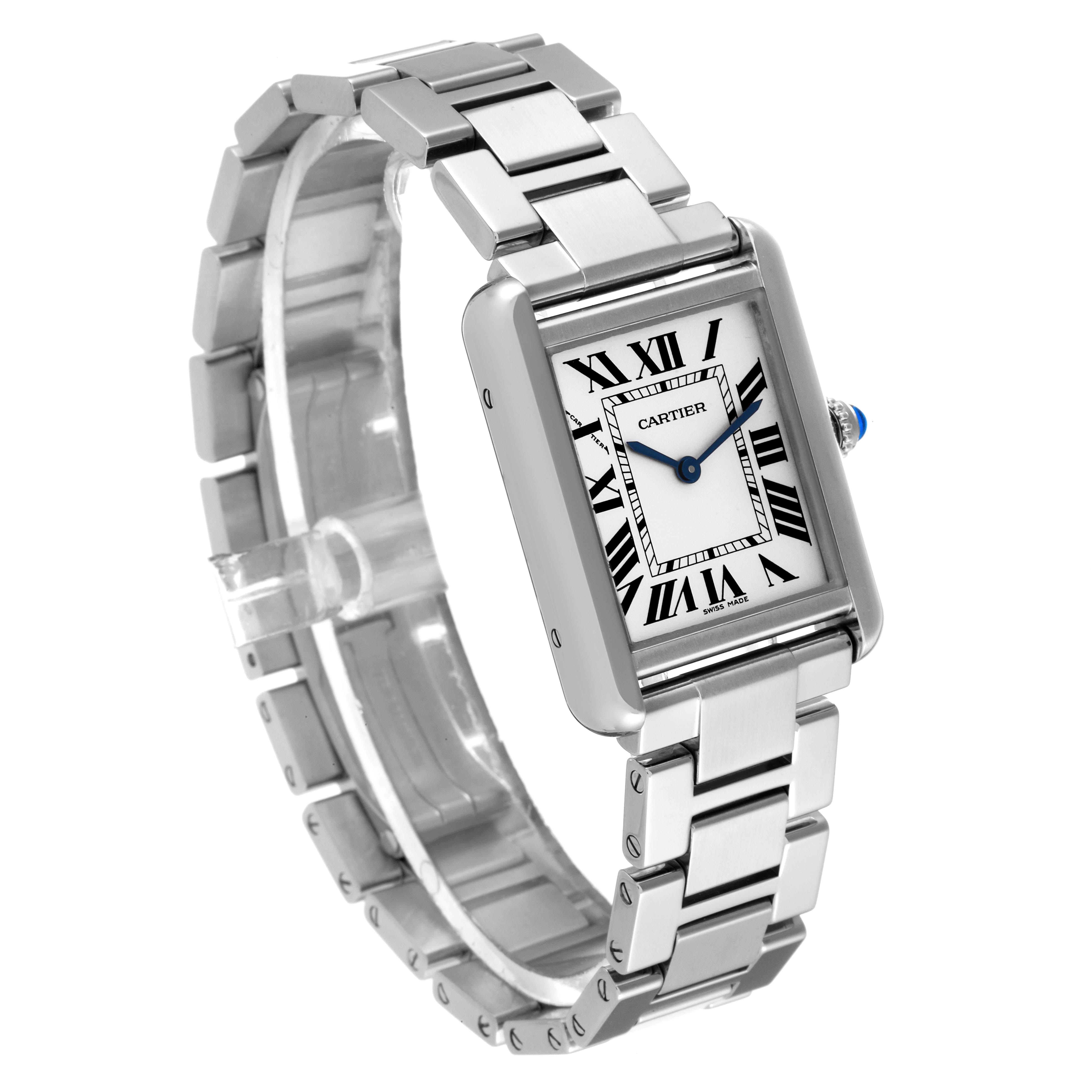 The image shows a Cartier Tank Solo W5200013 Women's Stainless Steel Silver Dial W5200013 Women's Stainless Steel Silver Dial watch from an angled perspective, highlighting its face and metal strap.