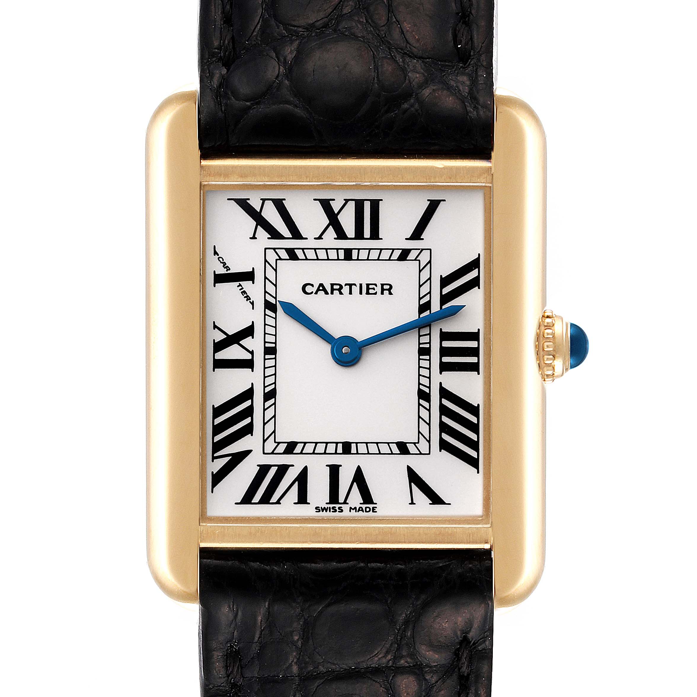 The image shows a front view of the Cartier Tank Solo W1018755 Women's Yellow Gold Silver Dial W1018755 Women's Yellow Gold Silver Dial watch, highlighting its face, case, and part of the black leather strap.