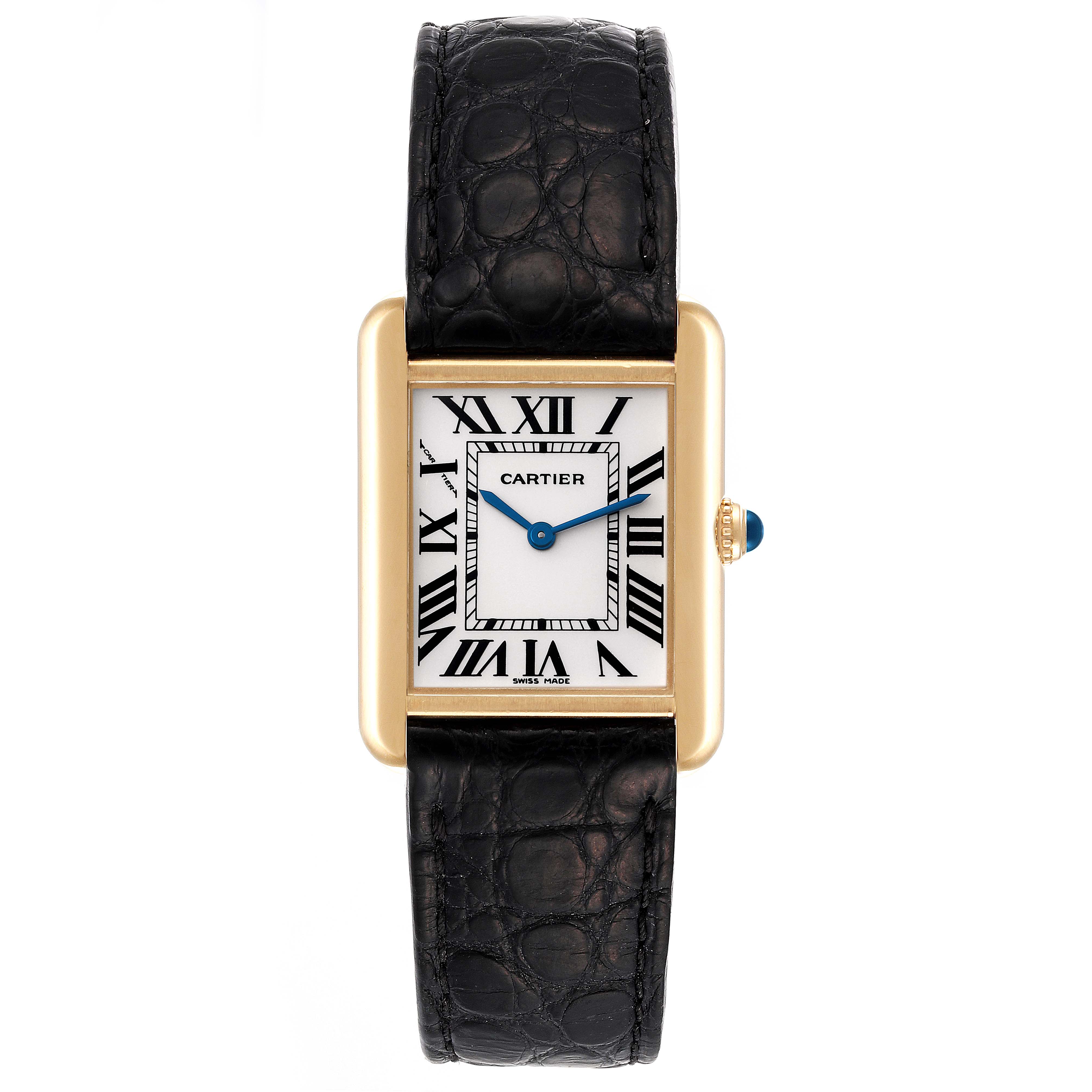 The Cartier Tank Solo W1018755 Women's Yellow Gold Silver Dial W1018755 Women's Yellow Gold Silver Dial watch is shown from the front, displaying the dial, case, leather strap, and crown.