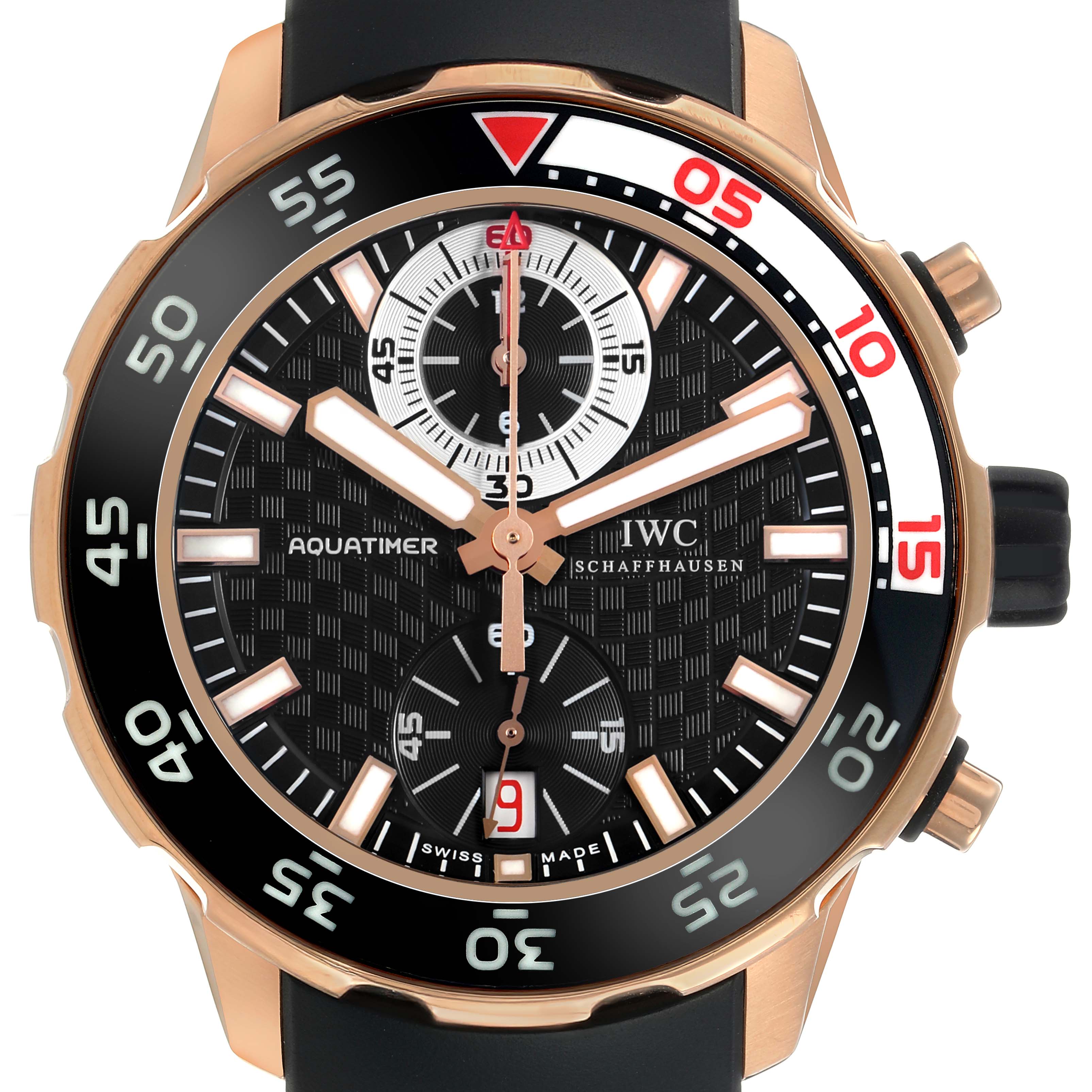 The IWC Aquatimer IW376903 Men's Rose Gold Black Dial watch is shown from the front, displaying the bezel, dial, and chronograph features.