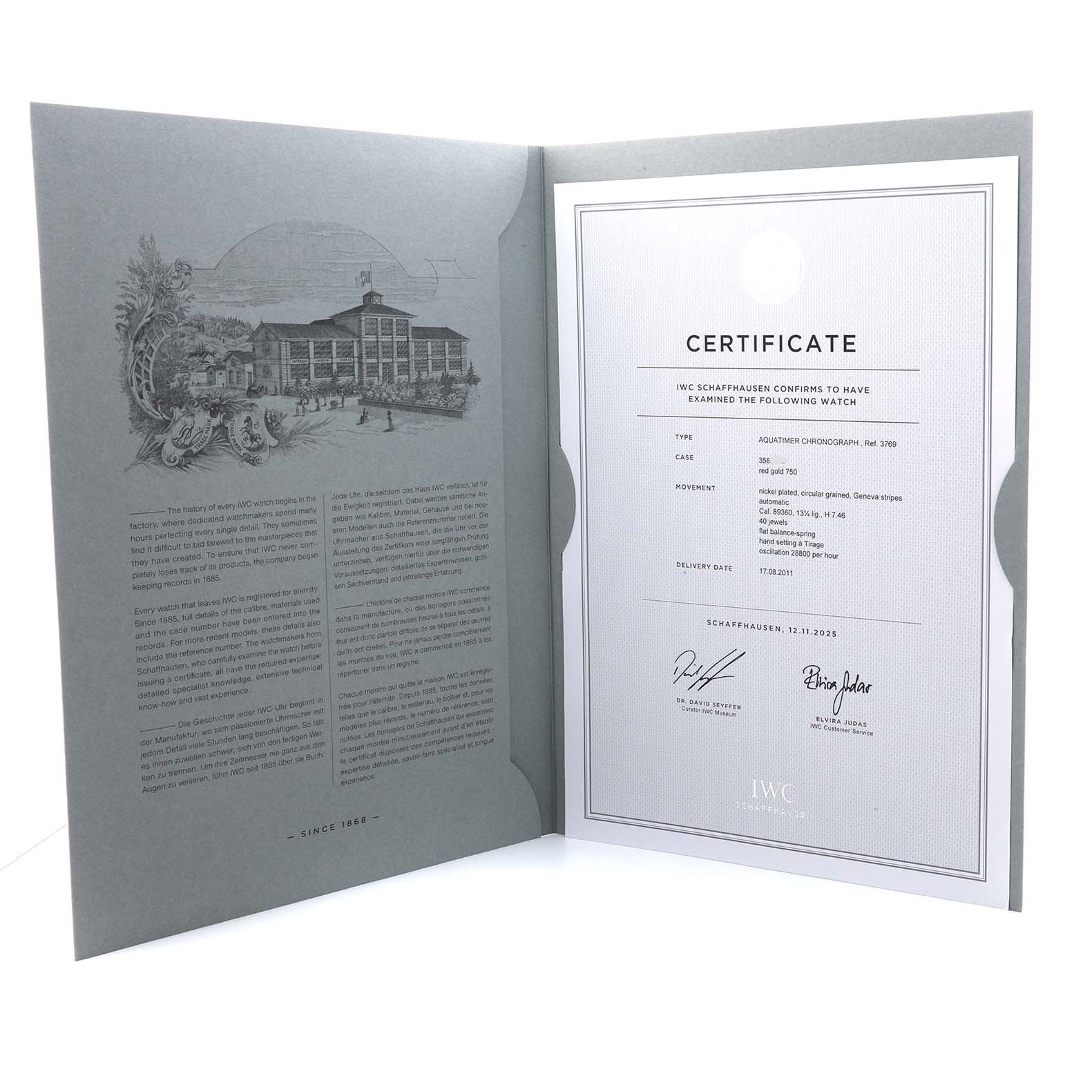 The image shows the certificate and documentation for the IWC Aquatimer IW376903 Men's Rose Gold Black Dial model, featuring details and specifications.