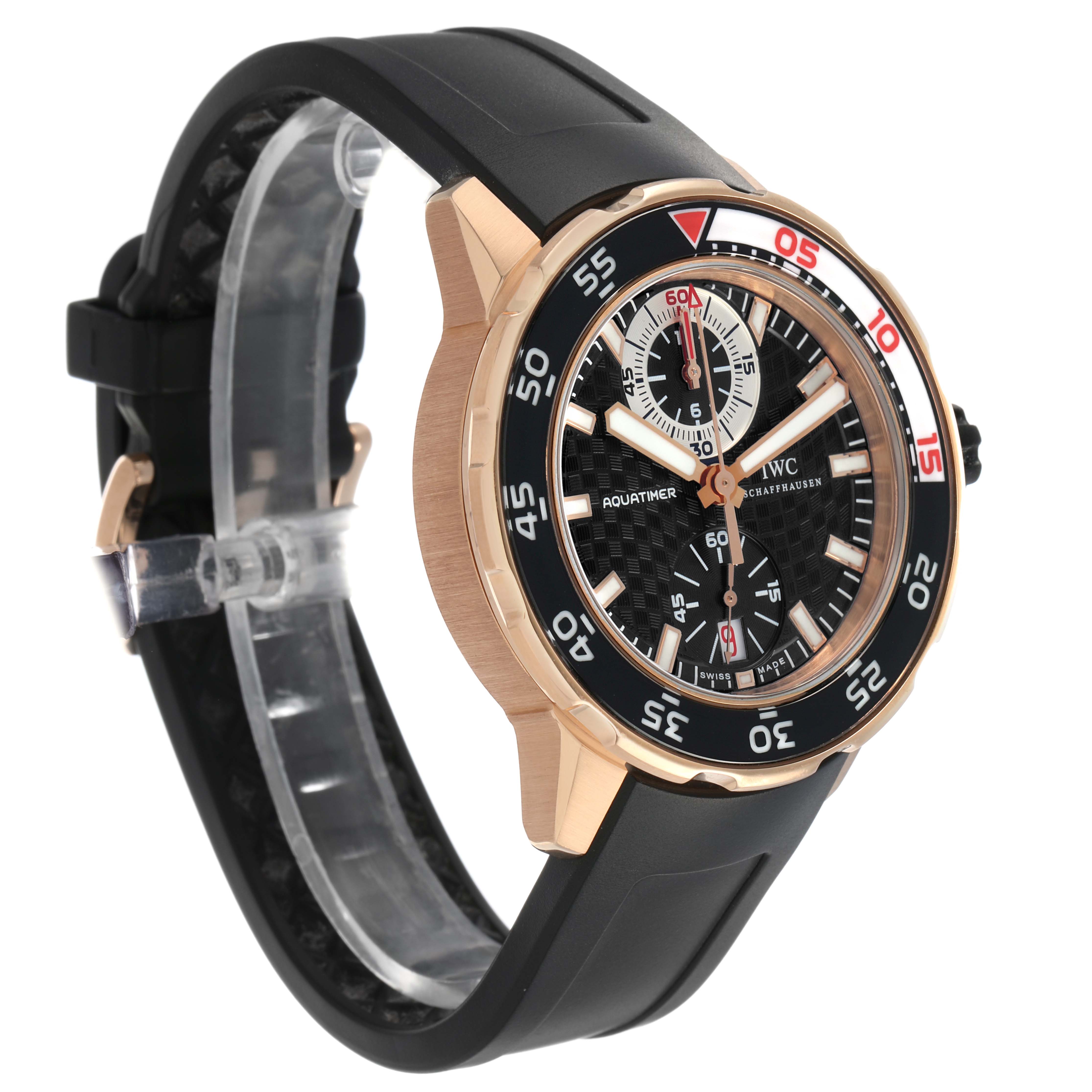 The IWC Aquatimer IW376903 Men's Rose Gold Black Dial watch is shown at a three-quarter angle, highlighting the bezel, dial, case, and strap.