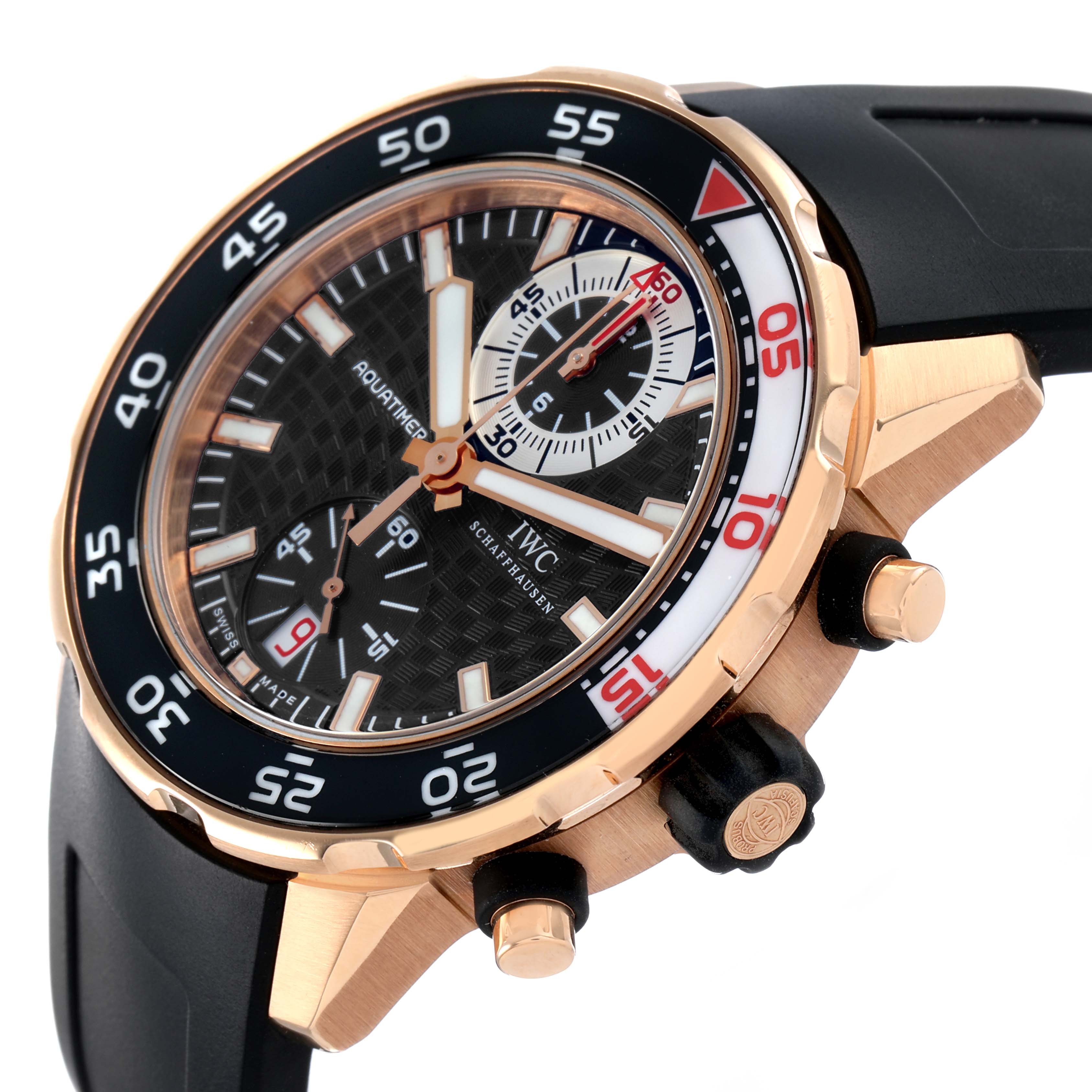The IWC Aquatimer IW376903 Men's Rose Gold Black Dial watch is shown at an angle highlighting its bezel, dial, pushers, and strap.