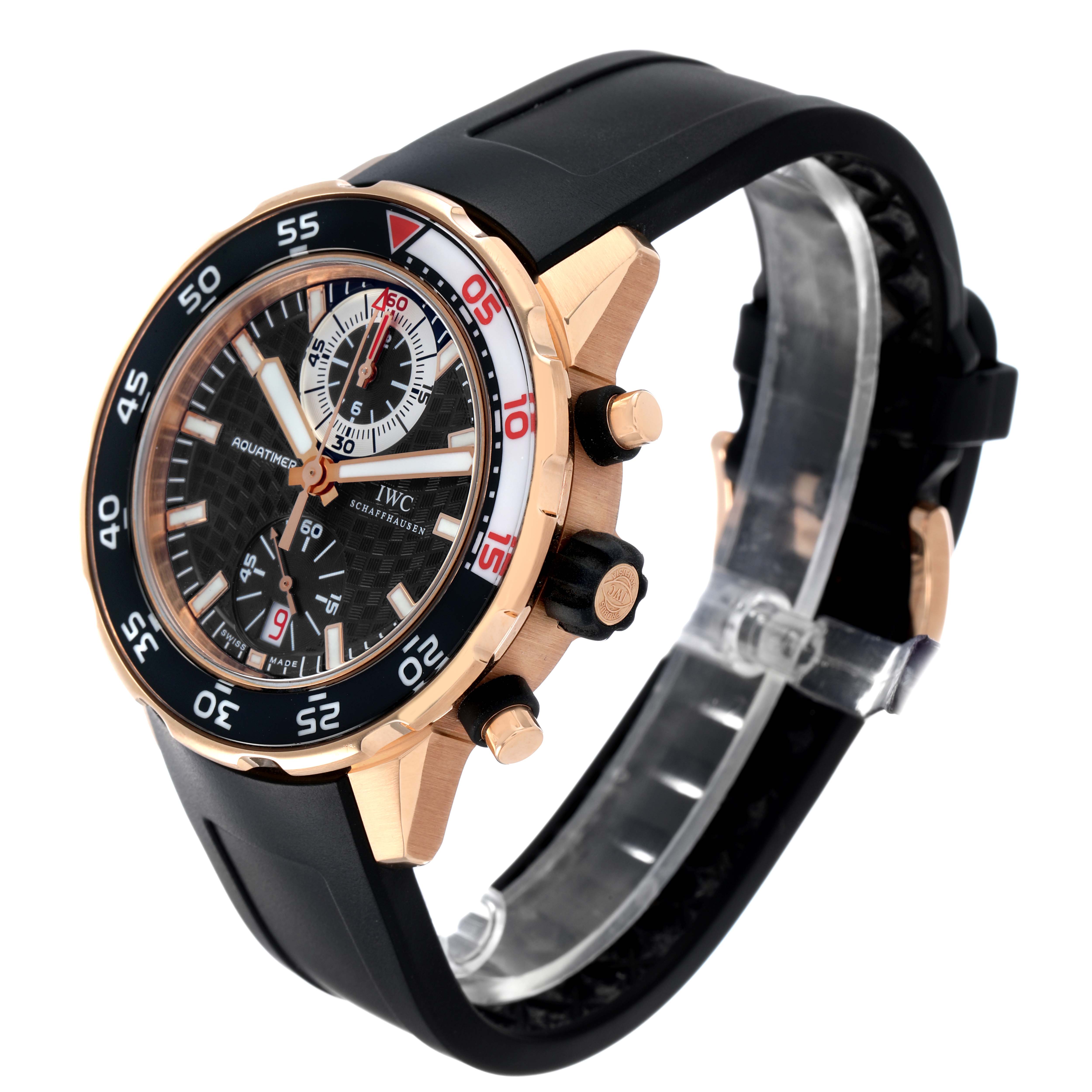 The IWC Aquatimer IW376903 Men's Rose Gold Black Dial watch is shown at a three-quarter angle, highlighting the case, bezel, dial, and strap.