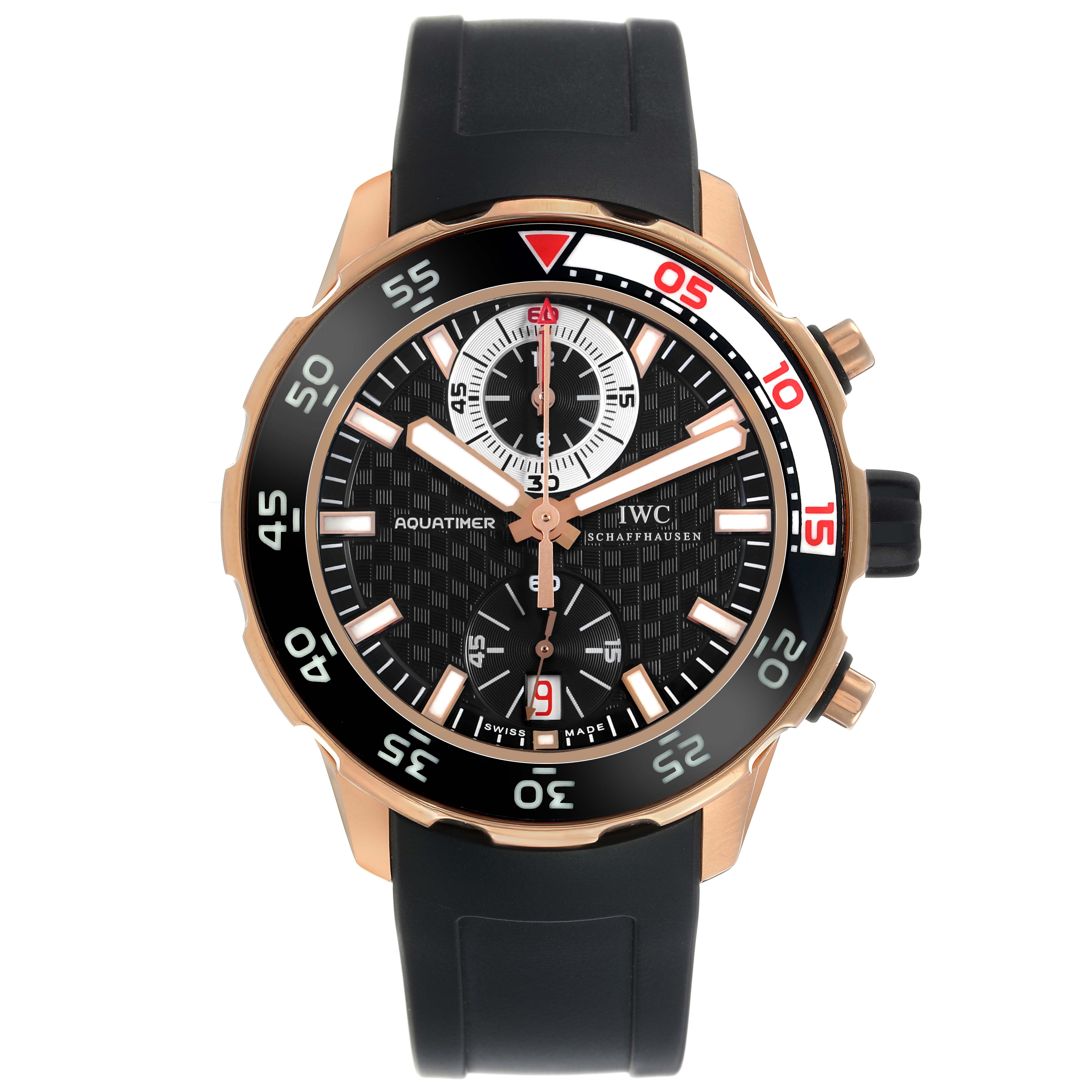 The IWC Aquatimer IW376903 Men's Rose Gold Black Dial watch is shown from a front angle, displaying the dial, bezel, and strap.