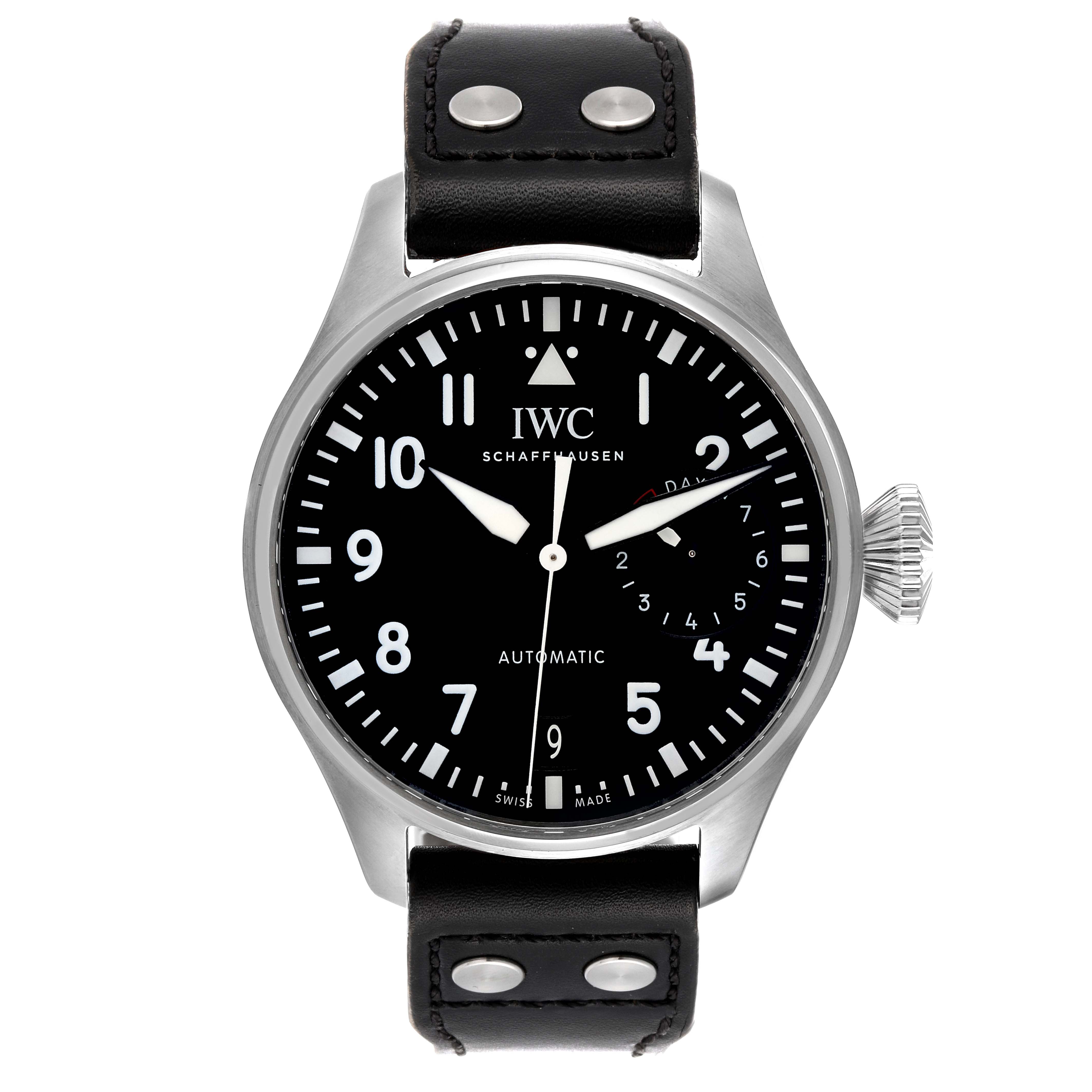 The image shows a front view of an IWC Pilot IW500912 Men's Stainless Steel Black Dial IW500912 Men's Stainless Steel Black Dial watch, displaying the dial, hands, crown, and leather strap.