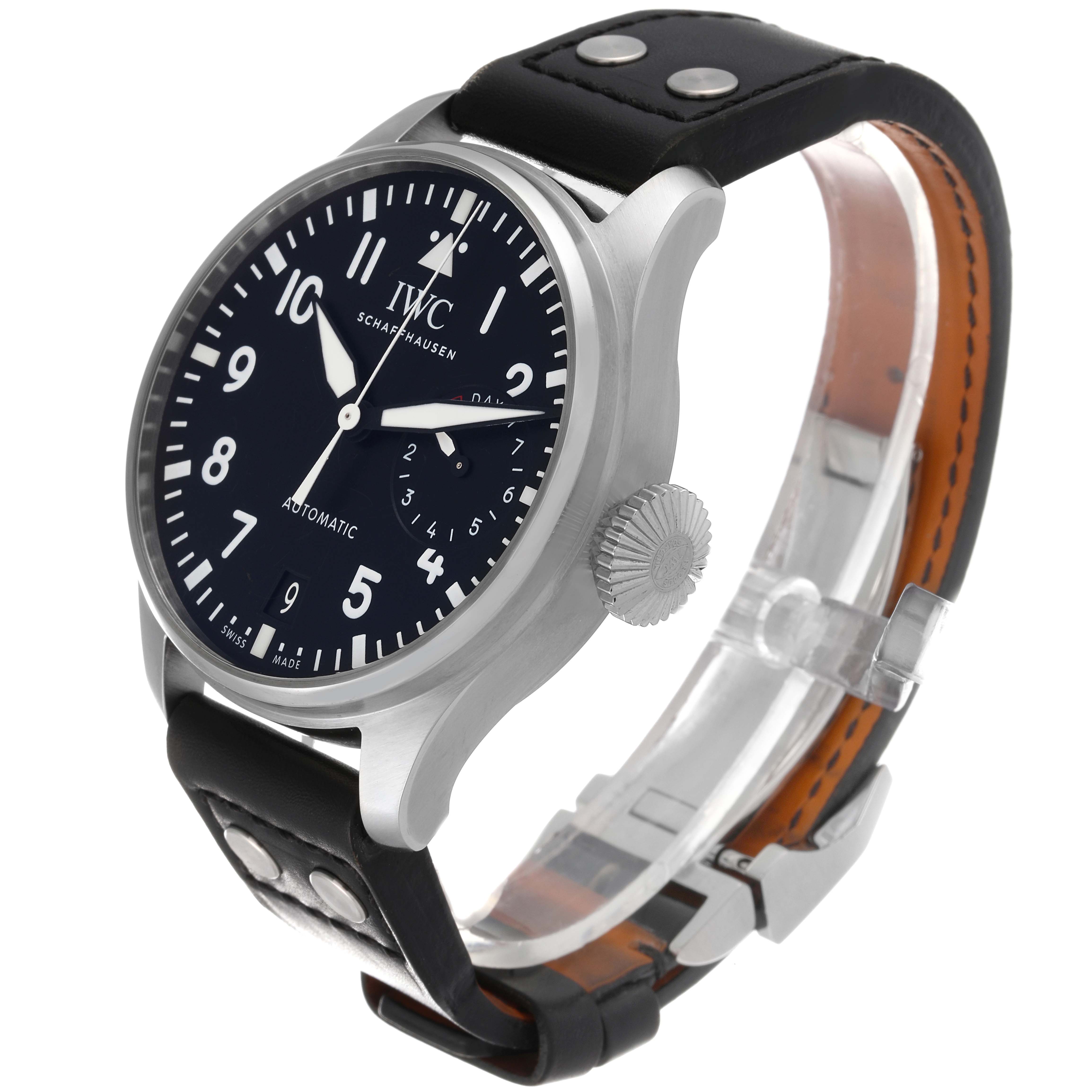 The image shows an IWC Pilot IW500912 Men's Stainless Steel Black Dial IW500912 Men's Stainless Steel Black Dial model watch from a side angle, highlighting the crown, black dial, leather strap, and case.